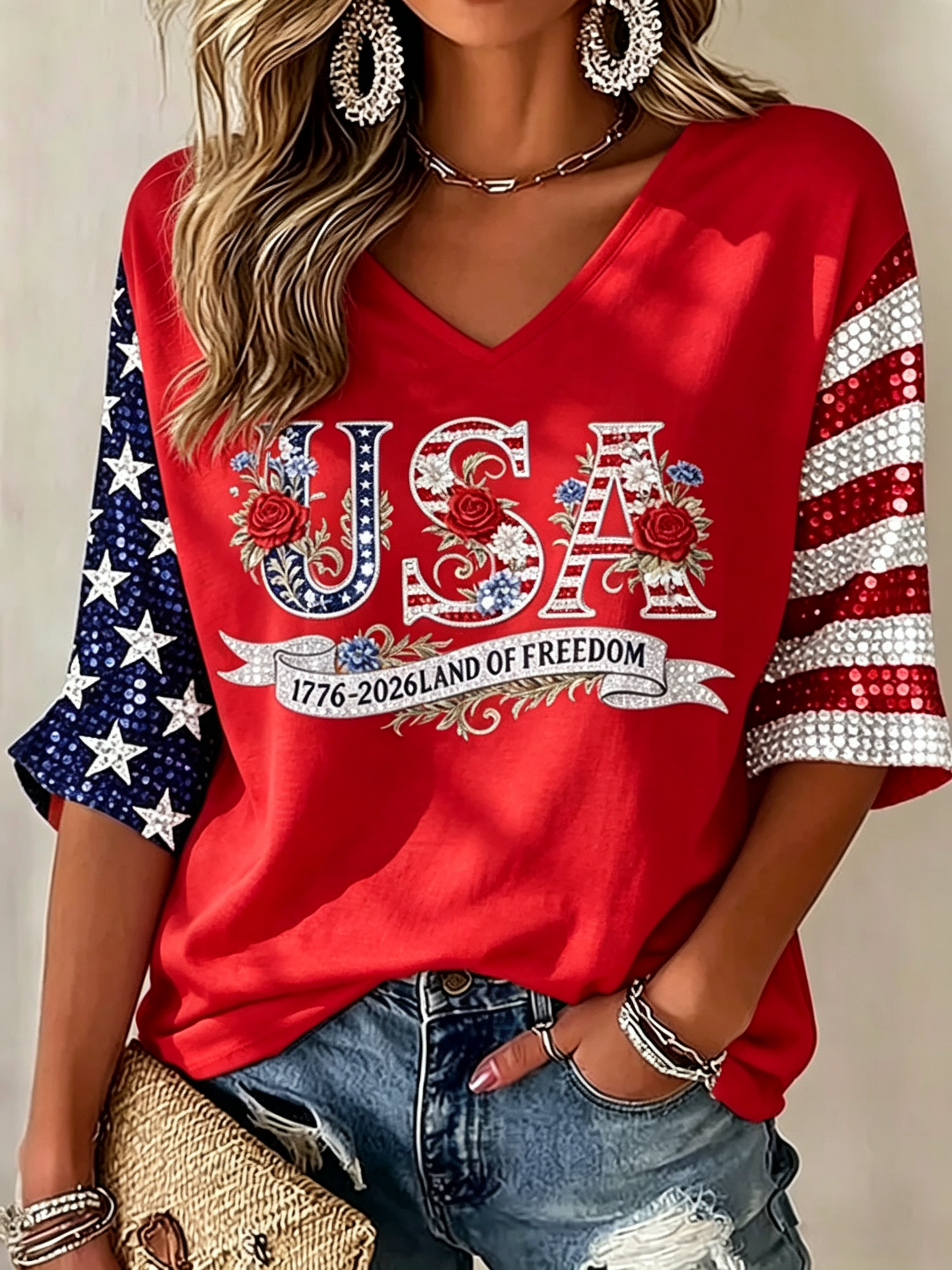 Retro Sunflower Rose Floral American Flag Lace V Neck Relax Fit Top