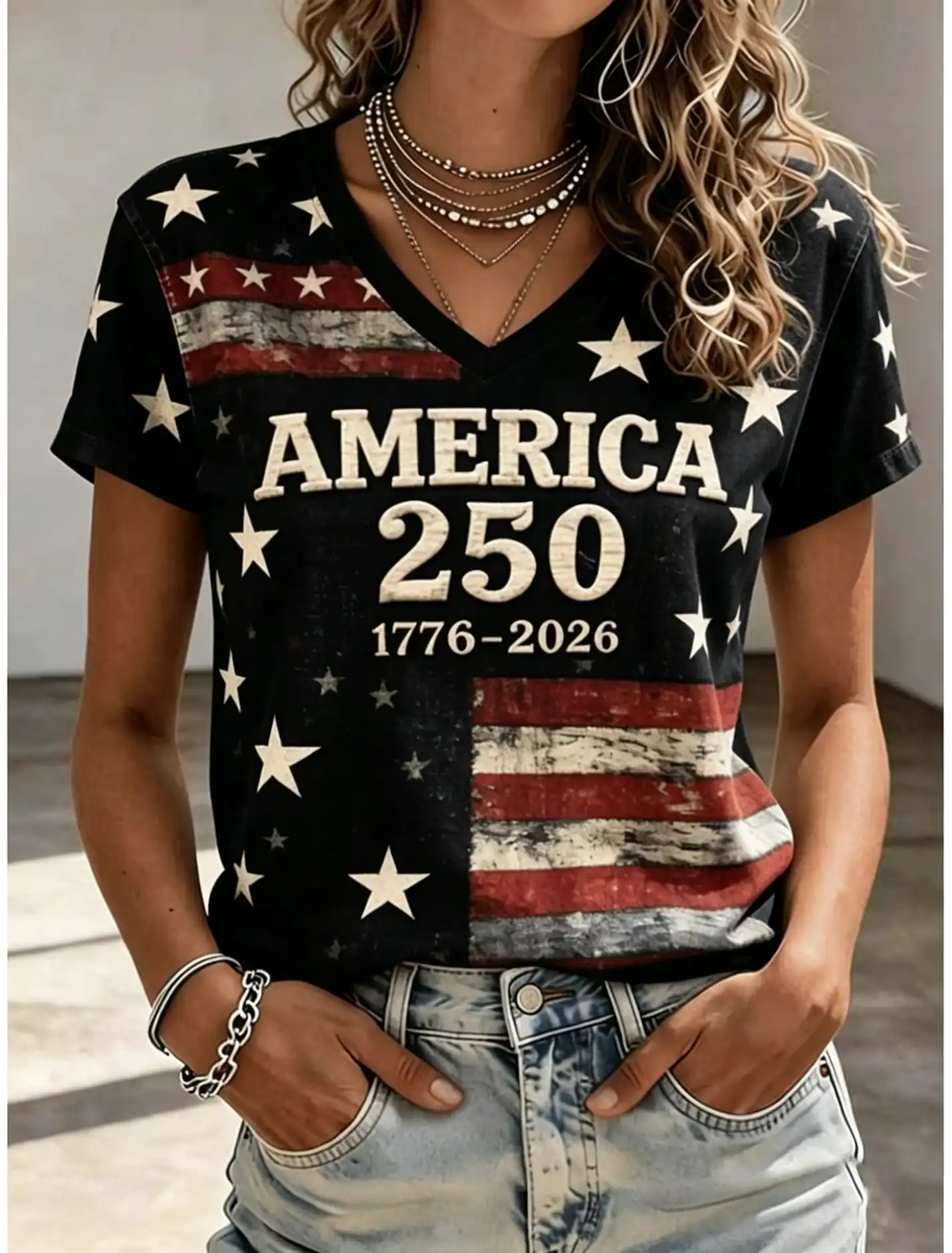 Women's America 250th 1776-2026 Vintage USA Flag V-Neck Short Sleeve Casual Tee