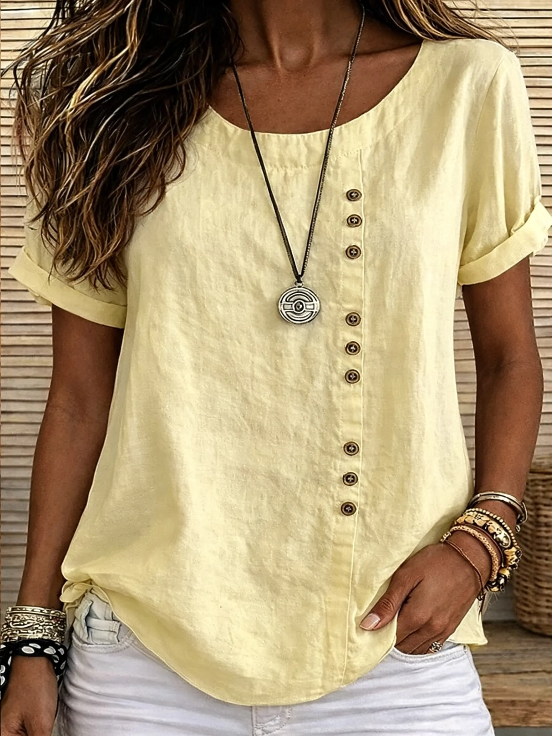 Women's Solid White Round Neck Vertical Decorative Button Rolled Cuff Short Sleeve Casual Top