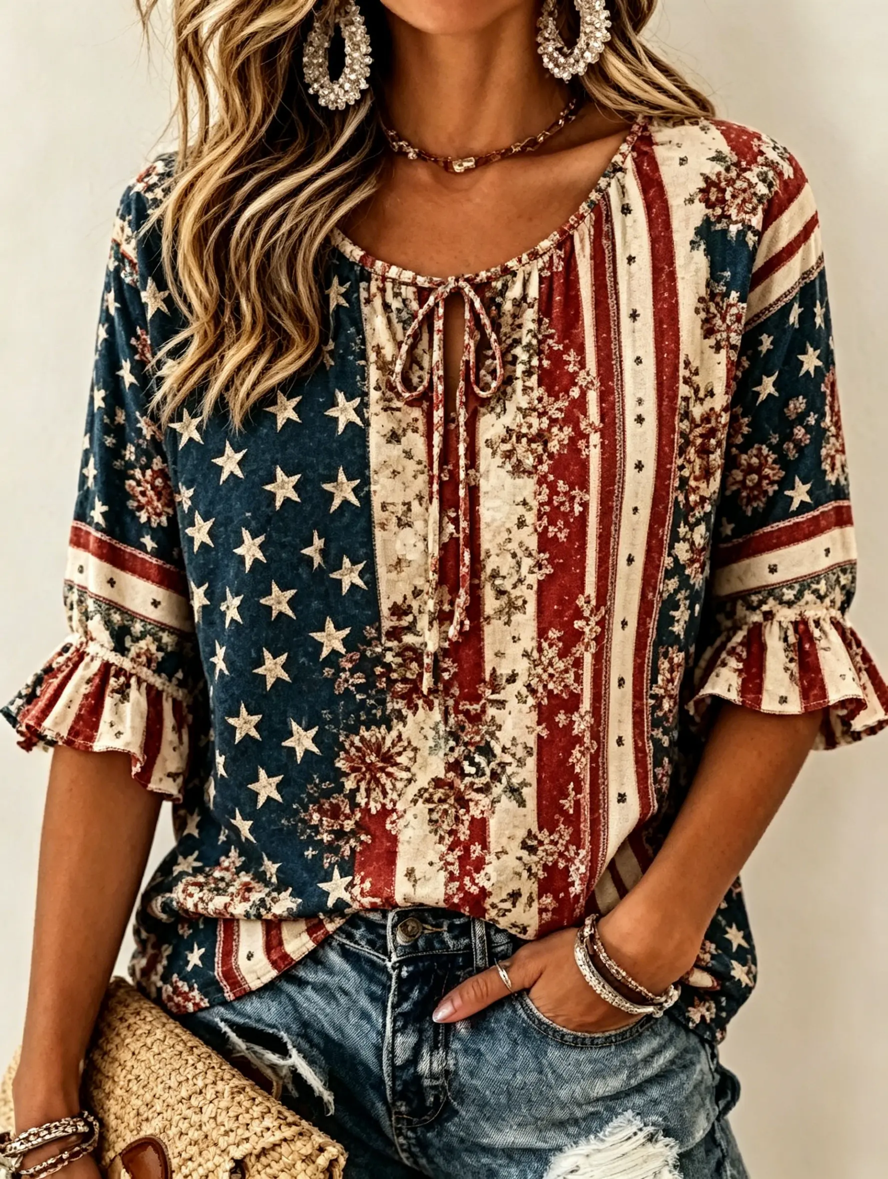 Women's Vintage Distressed American Flag Star Button Henley Ruffle Sleeve Top