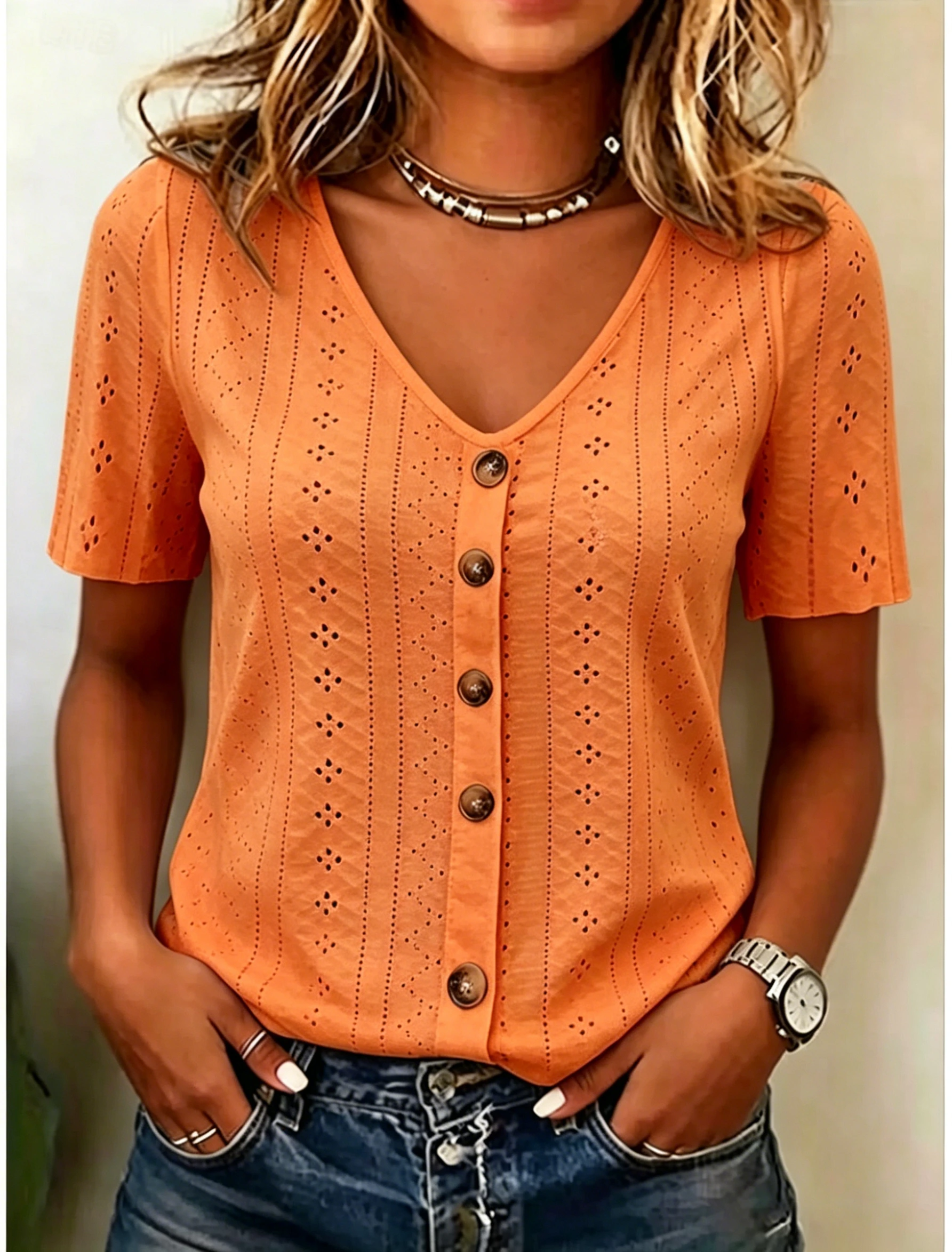 Women's Eyelet Knit V-Neck Button Front Short Sleeve Top
