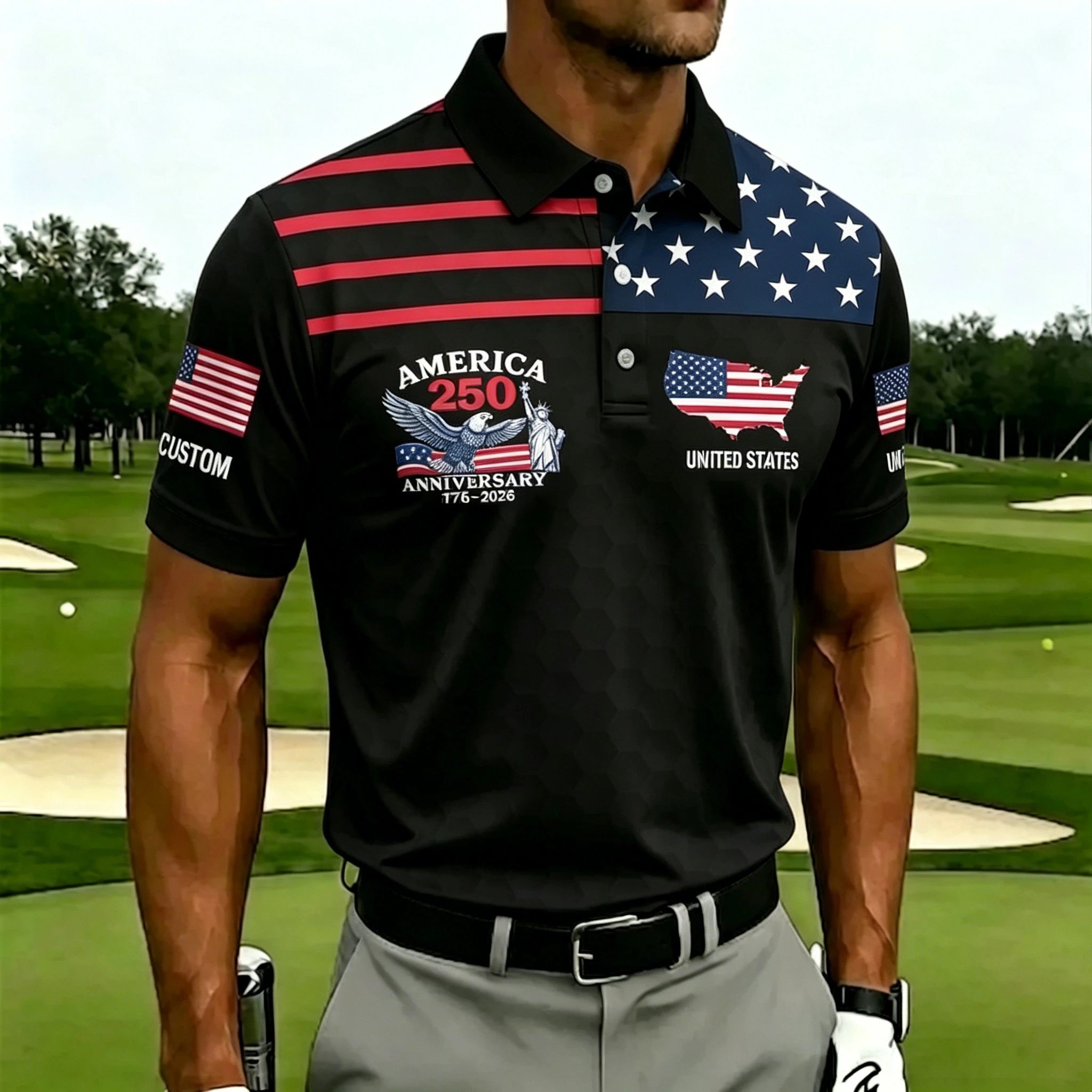 Men's Patriotic USA 250th Anniversary Customizable Golf Polo Shirt