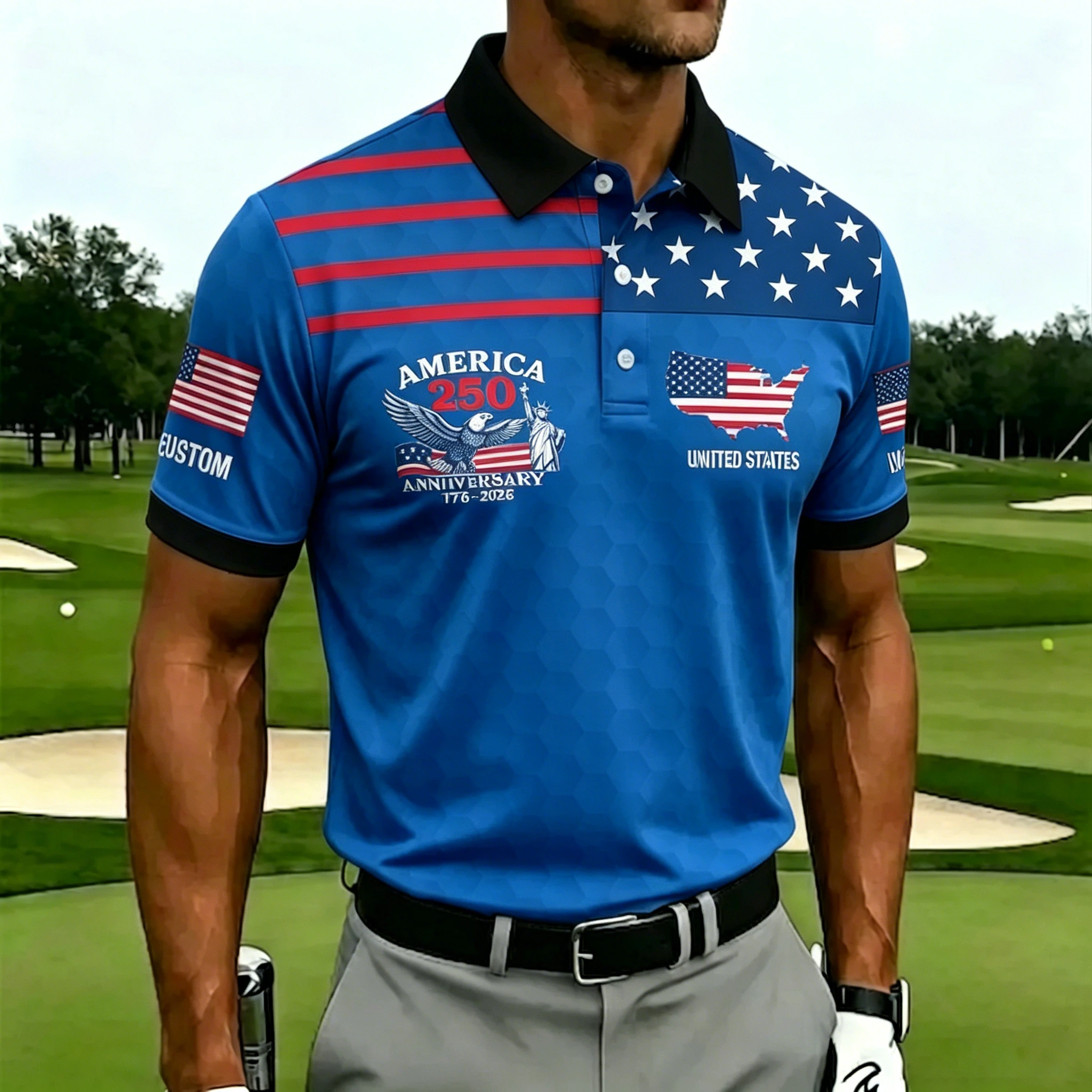Men's Patriotic USA 250th Anniversary Customizable Golf Polo Shirt