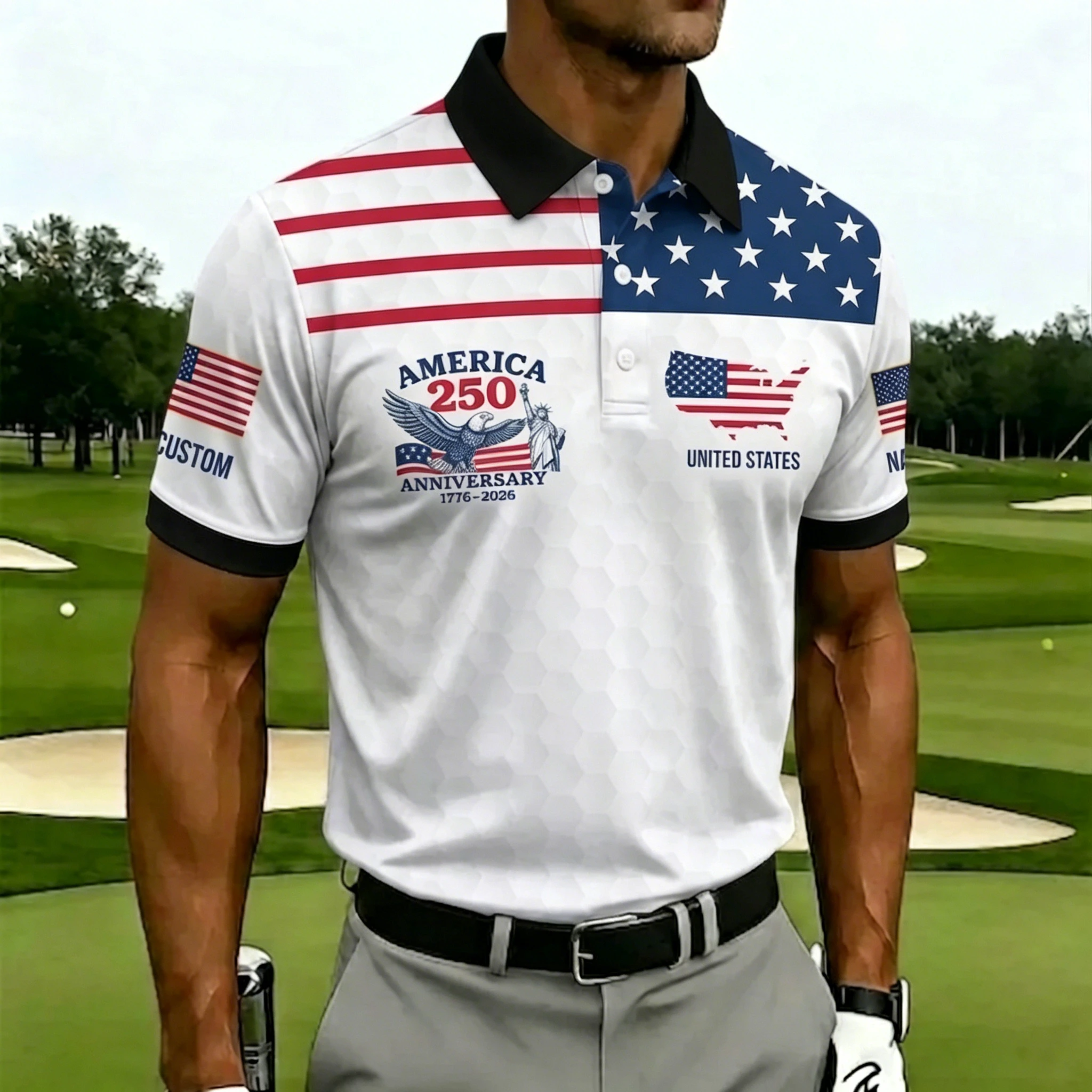 Men's Patriotic USA 250th Anniversary Customizable Golf Polo Shirt