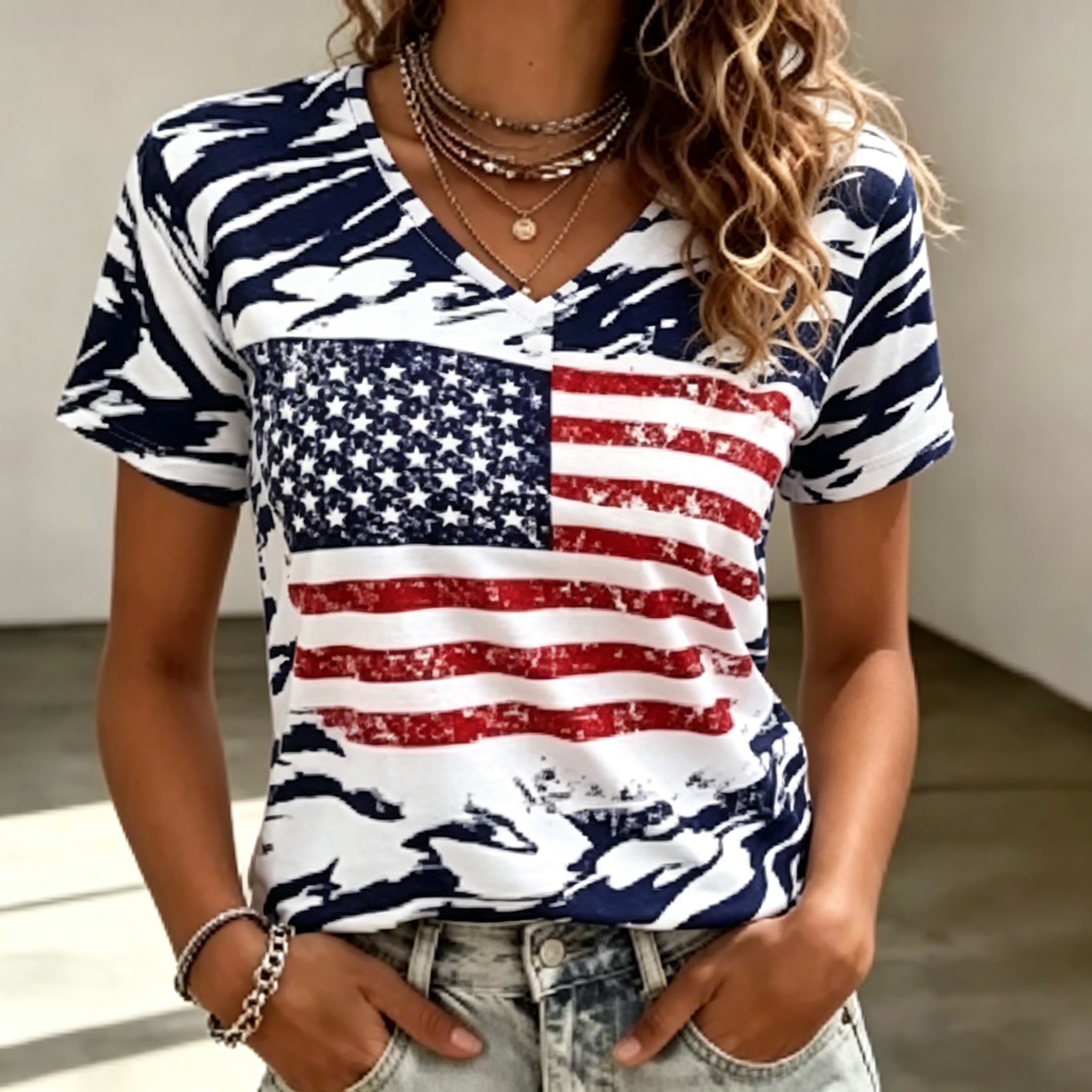 Women’s American Flag Print V-Neck T-Shirt, Casual Patriotic Short Sleeve Tee for Independence Day