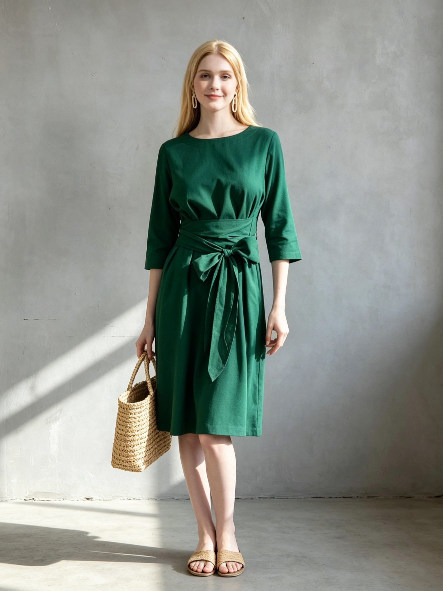 Elegant Solid Color Round Neck Self Belt Formal Midi Dress For Ladies
