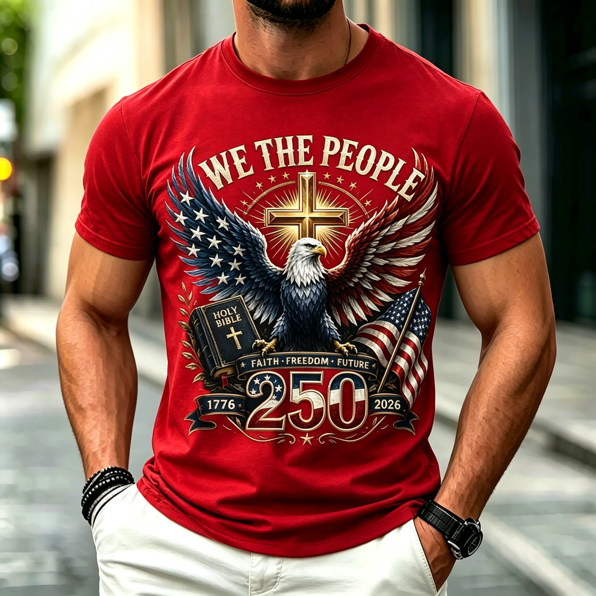Men We The People Eagle Cross Holy Bible USA Flag 250 Years Short Sleeve T-Shirt