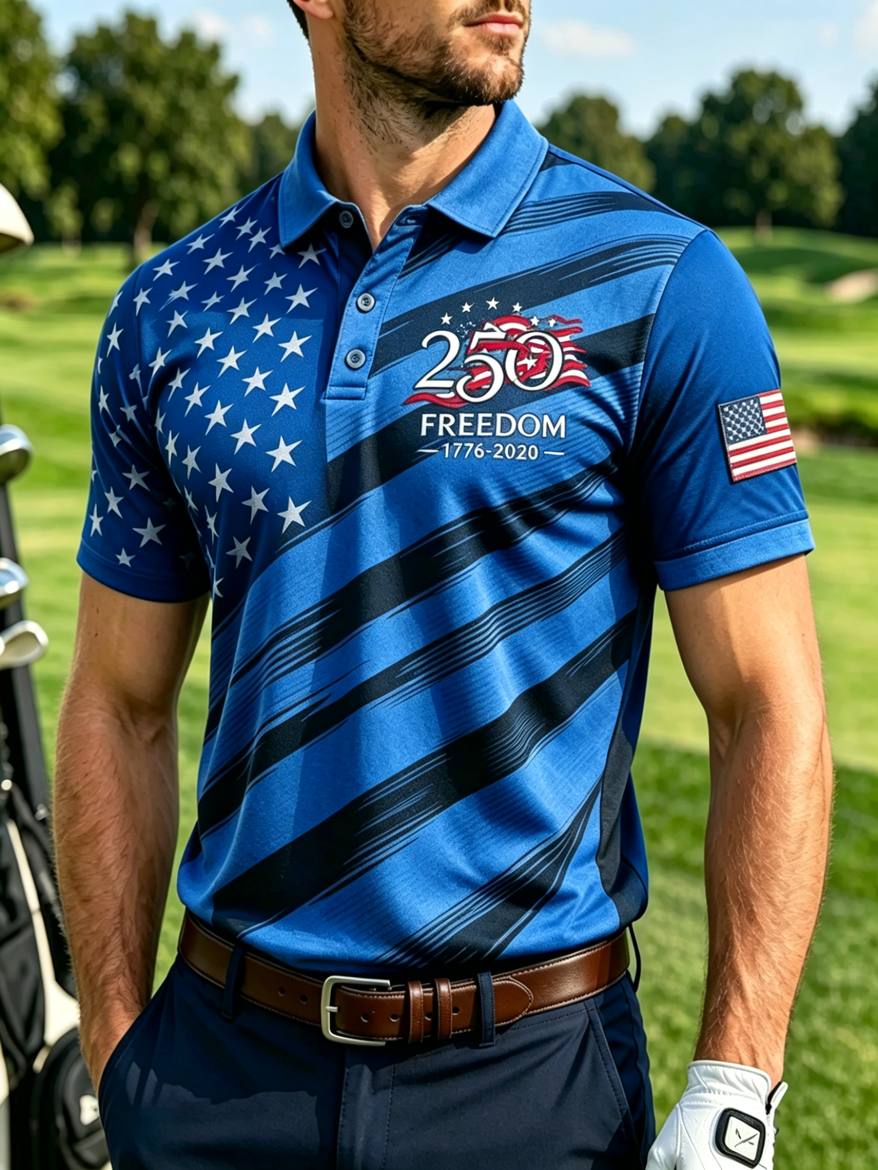 Men 250 Years Freedom Star Diagonal Stripe Patriotic Golf Polo Shirt
