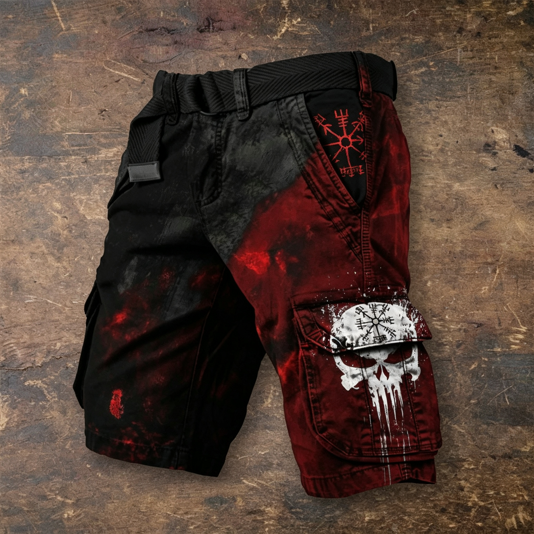 Viking Vegvisir Skull Gradient Color Block Men's Belted Cargo Shorts