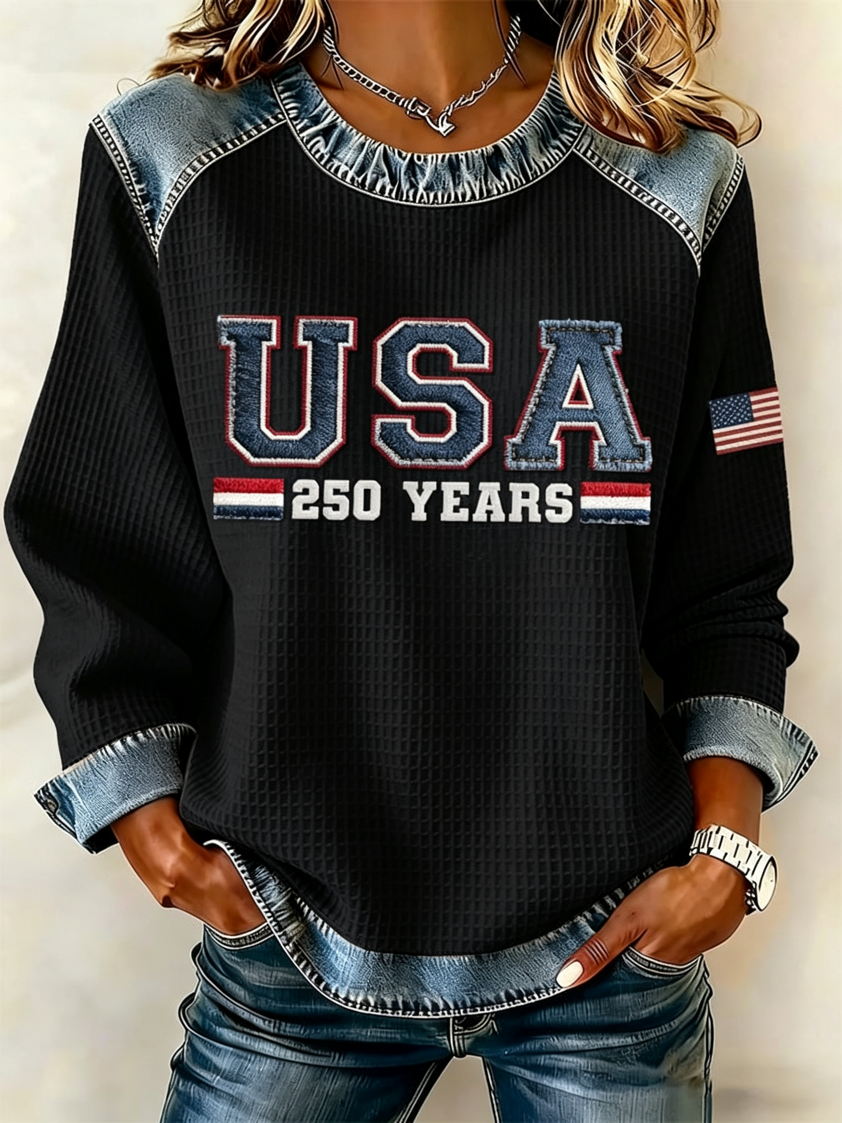 Women's USA 250 Years Denim Patch Waffle Knit Long Sleeve Sweatshirt