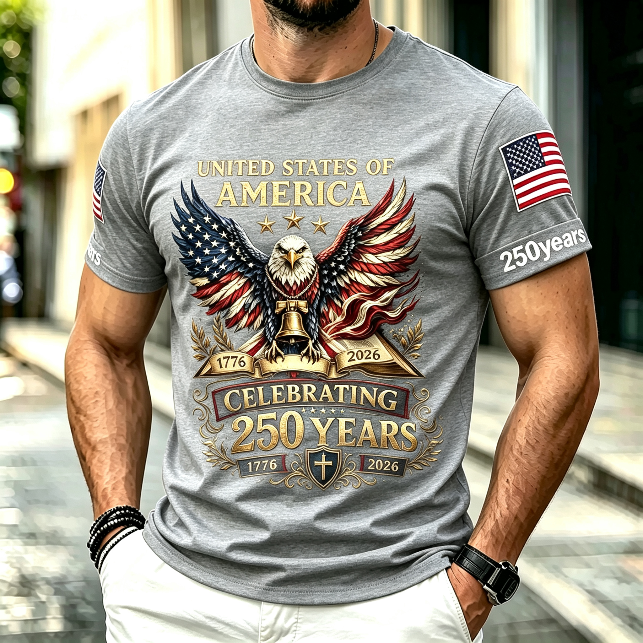 Retro Patriotic Eagle Wing American Flag Sleeve Print Men's Casual Short Sleeve Top