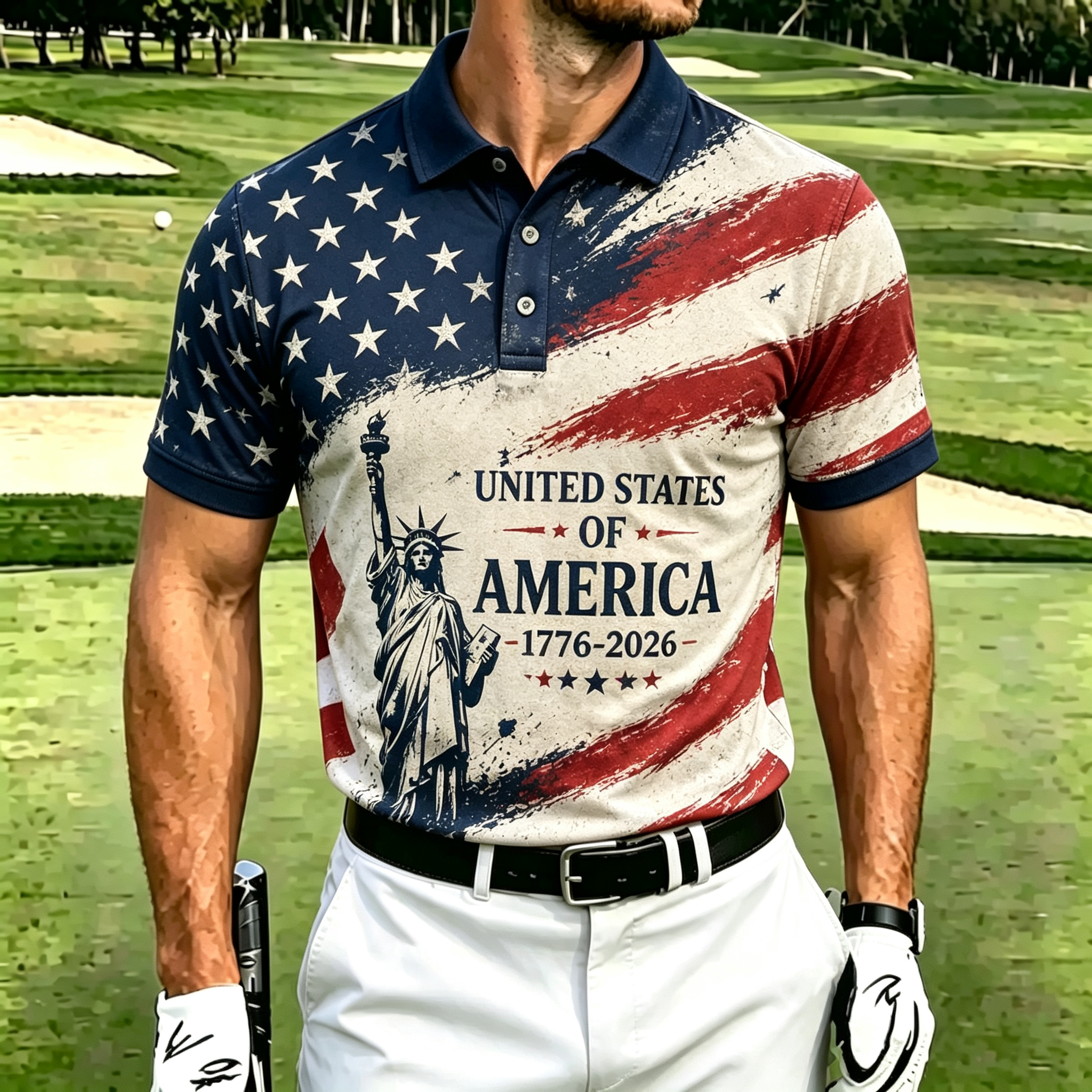 Retro Brushstroke American Flag Liberty Graphic Casual Performance Polo Top