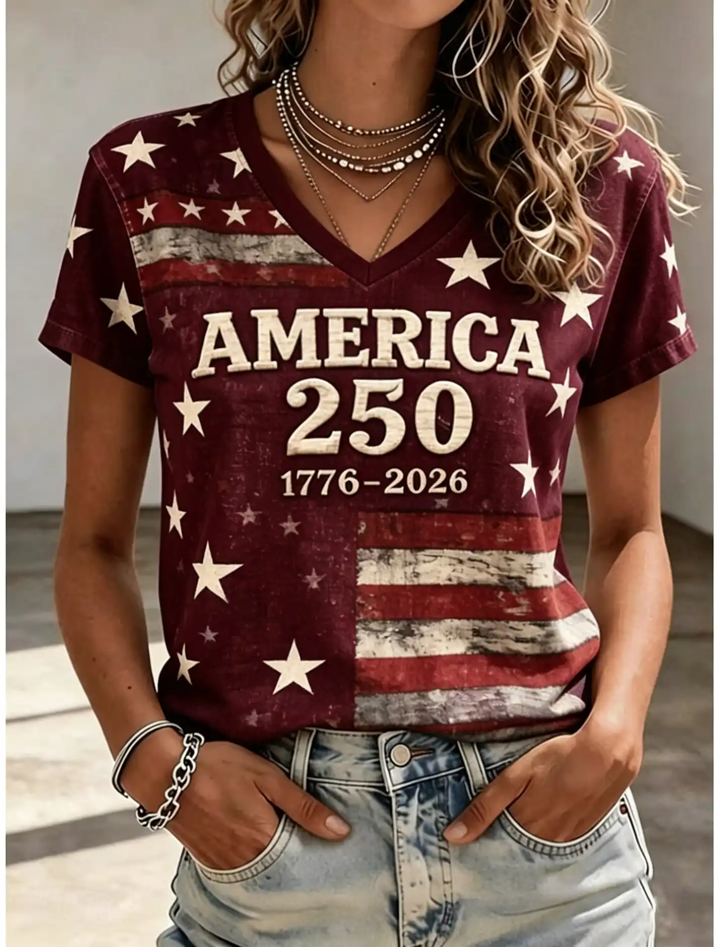 Women's America 250th 1776-2026 Vintage USA Flag V-Neck Short Sleeve Casual Tee