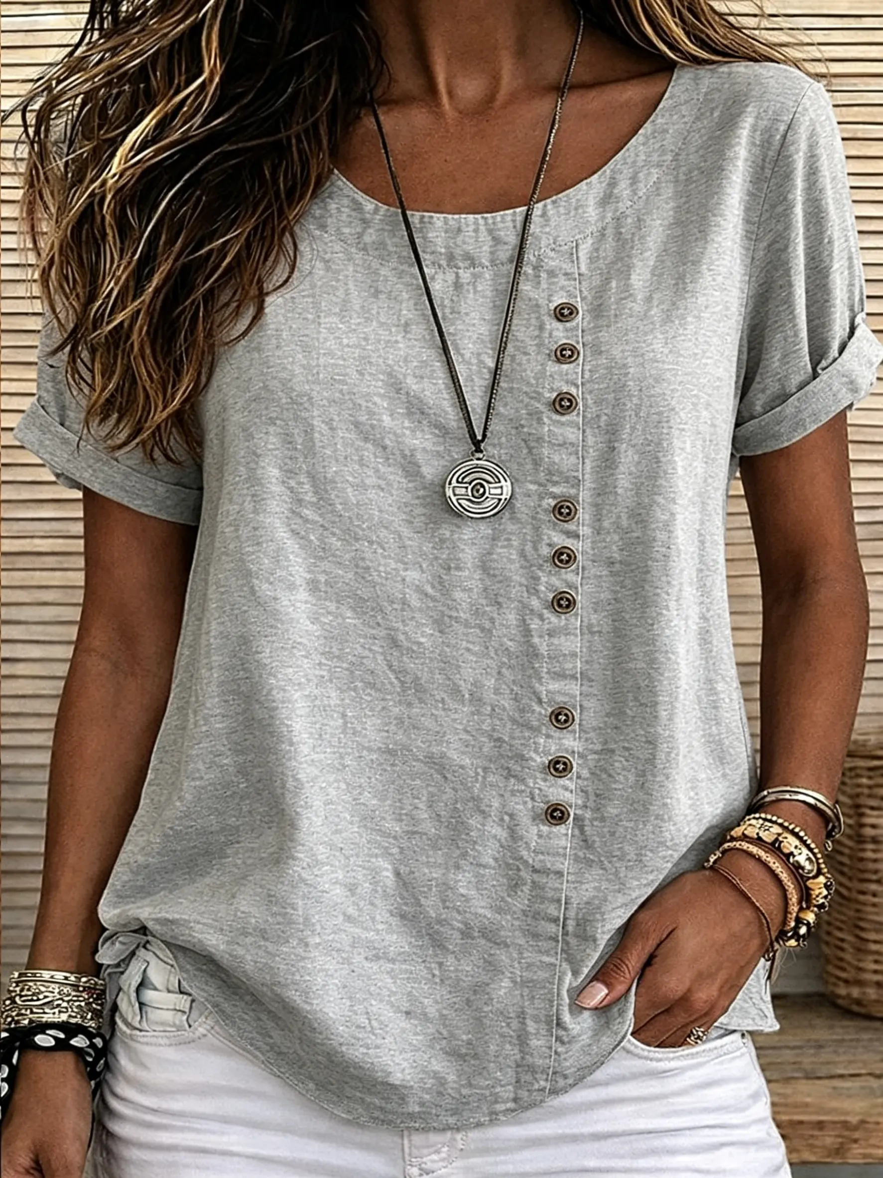 Women's Solid White Round Neck Vertical Decorative Button Rolled Cuff Short Sleeve Casual Top