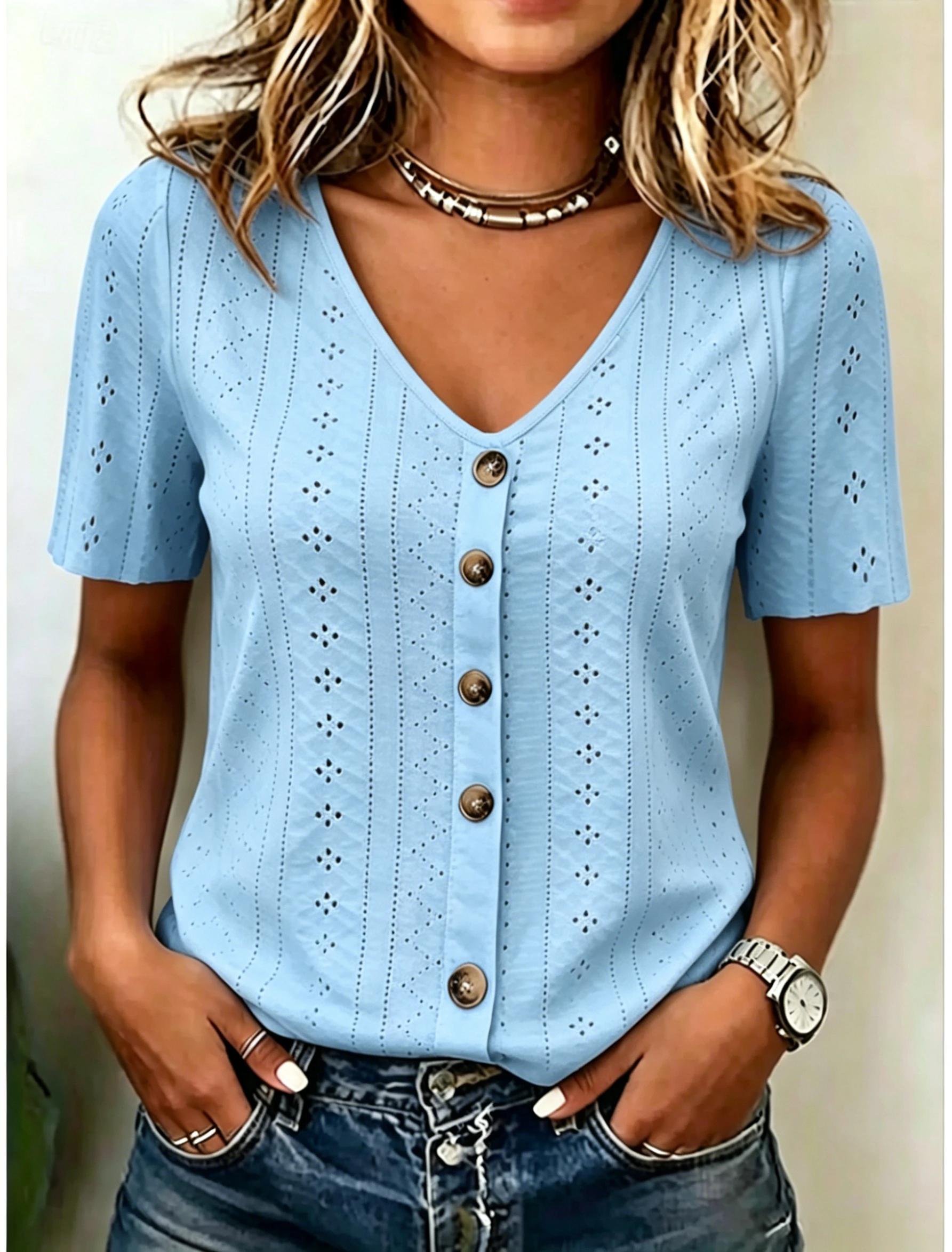 Women's Eyelet Knit V-Neck Button Front Short Sleeve Top
