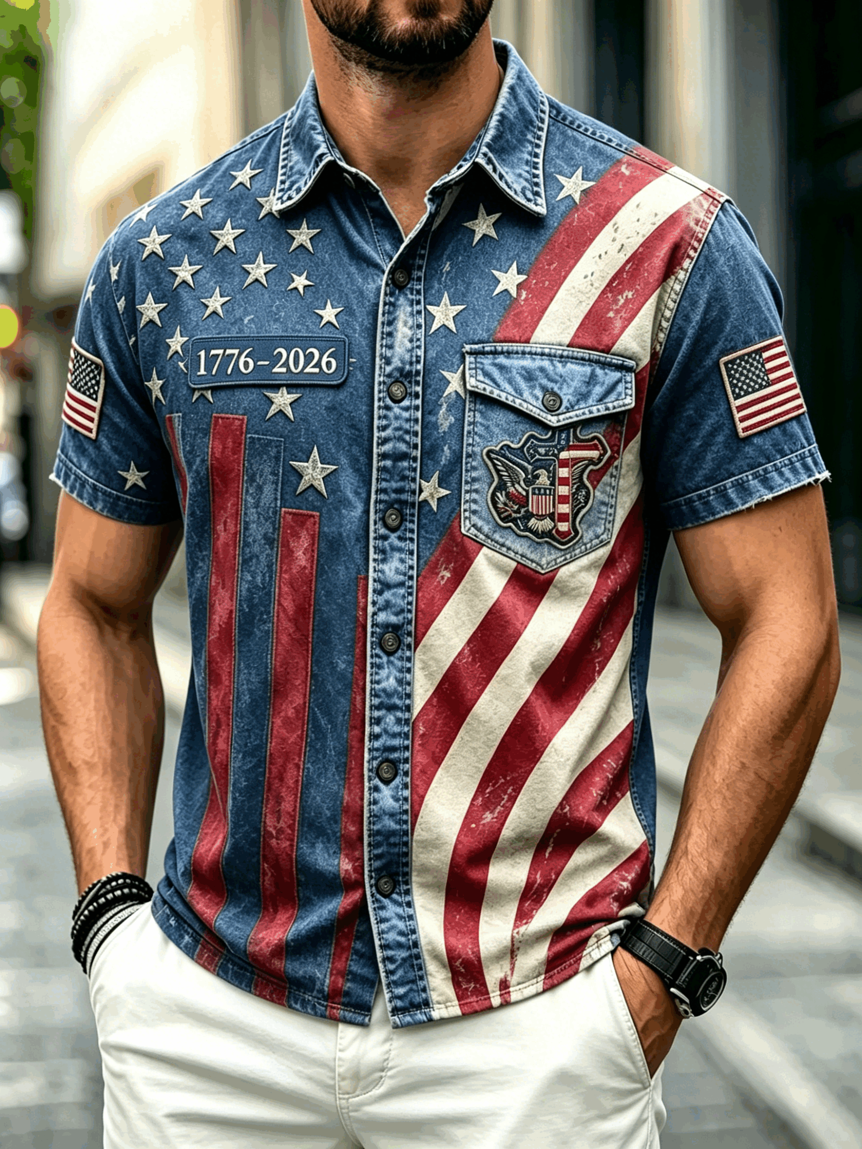 Men Vintage Washed Denim Star Stripe American Flag Patriotic Short Sleeve Shi