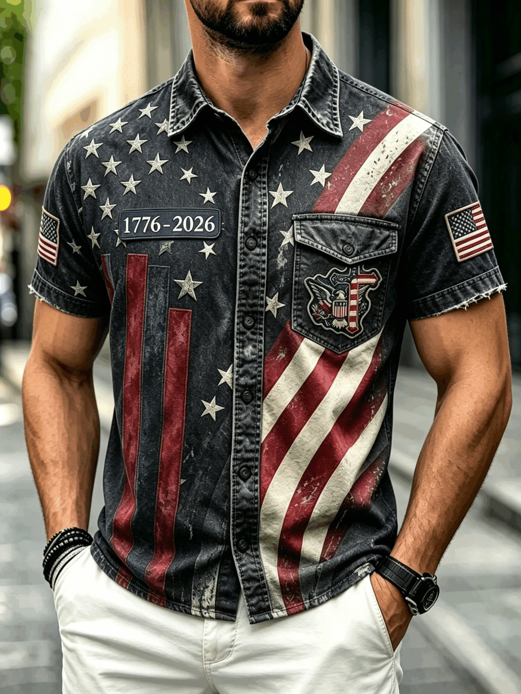 Men Vintage Washed Denim Star Stripe American Flag Patriotic Short Sleeve Shi