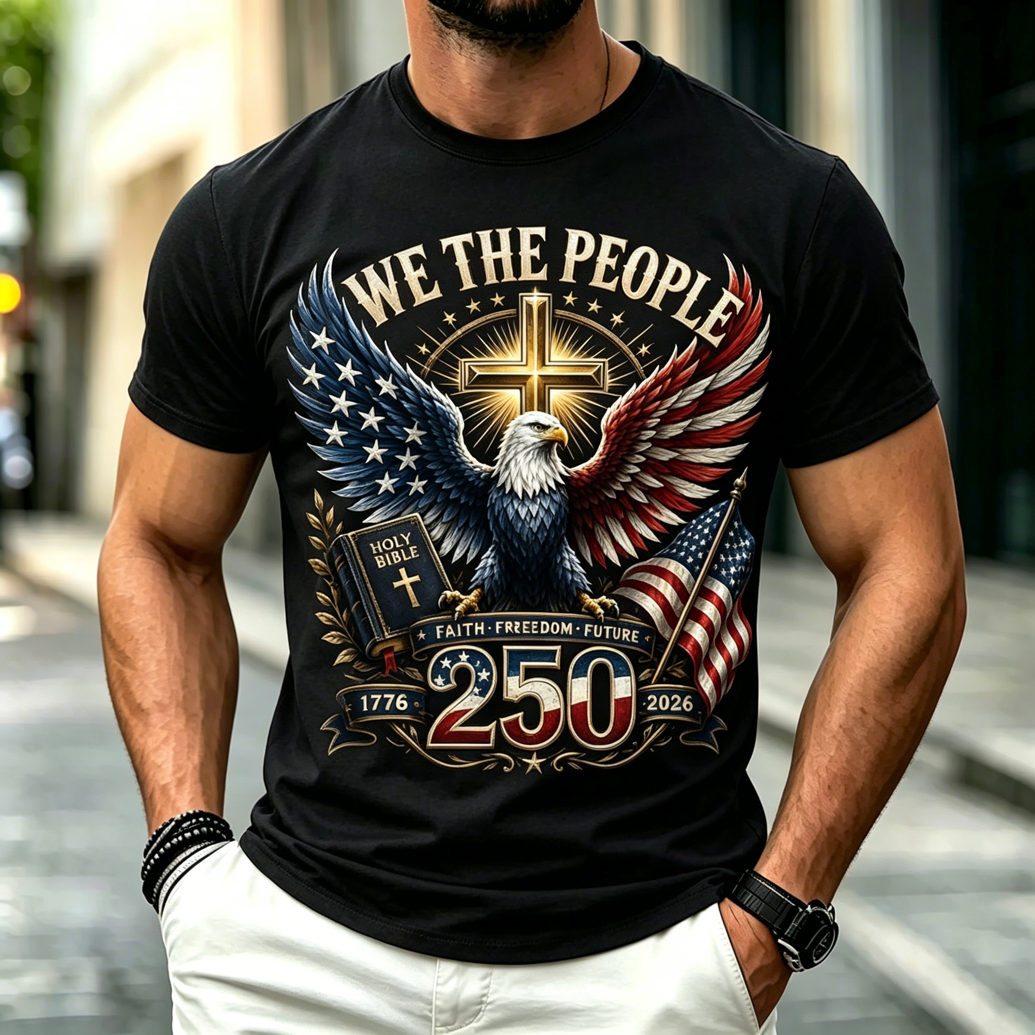 Men We The People Eagle Cross Holy Bible USA Flag 250 Years Short Sleeve T-Shirt