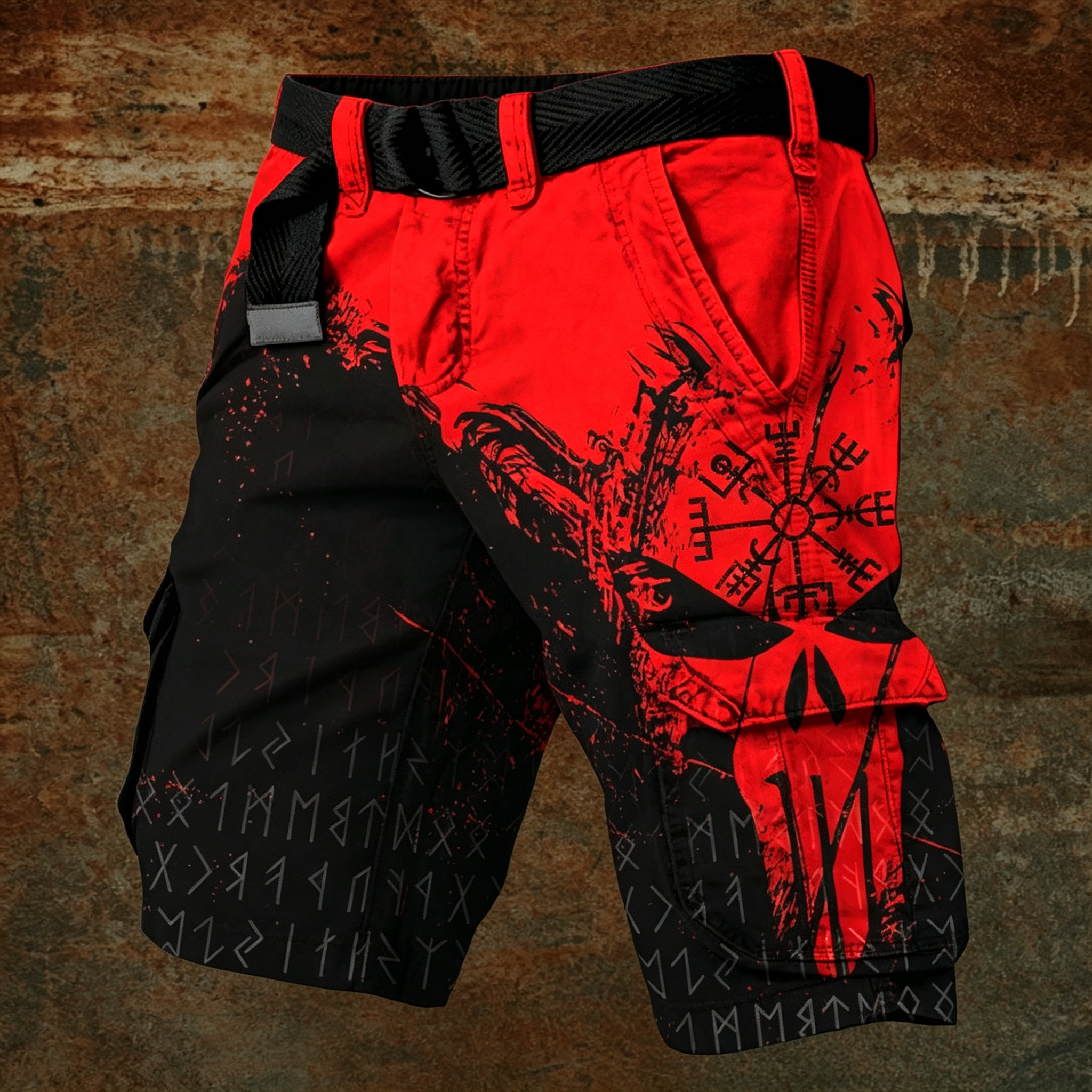 Norse Rune Vegvisir Skull Print Men's Belted Cargo Shorts