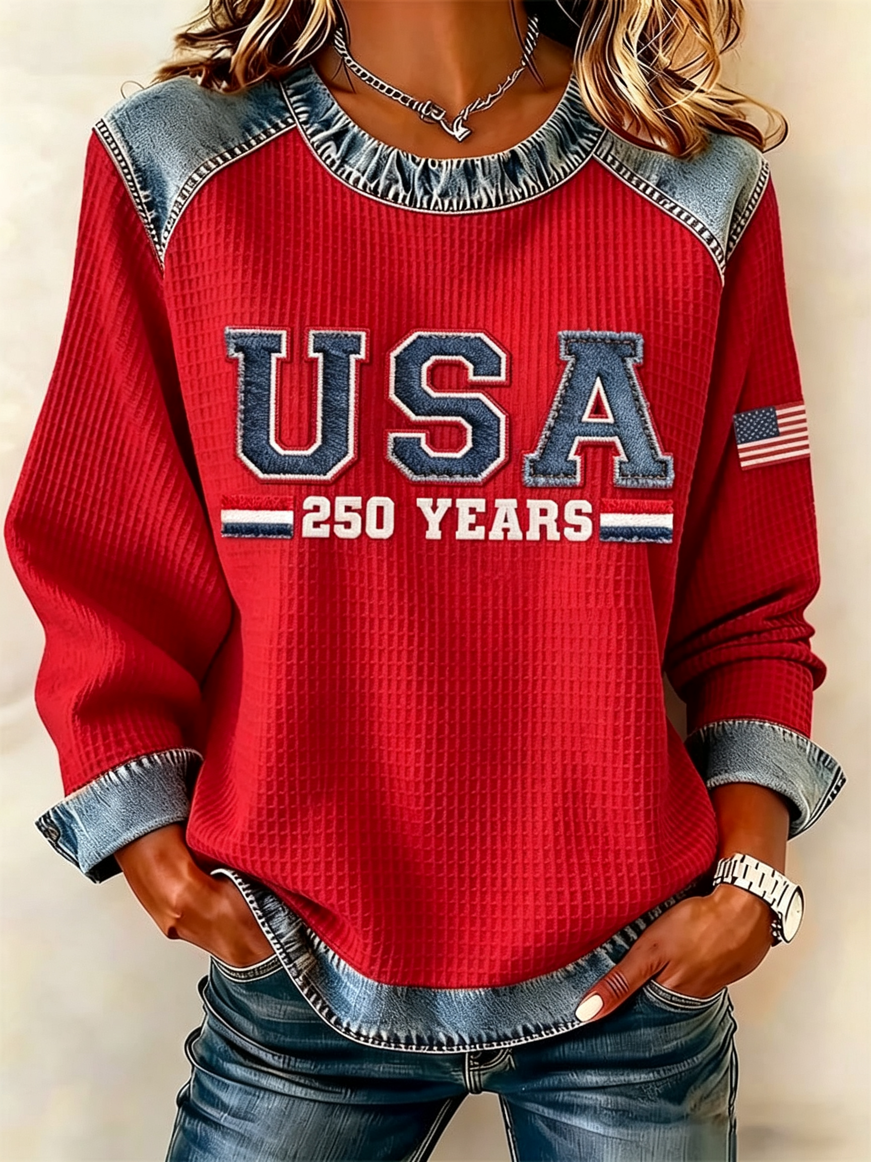 Women's USA 250 Years Denim Patch Waffle Knit Long Sleeve Sweatshirt