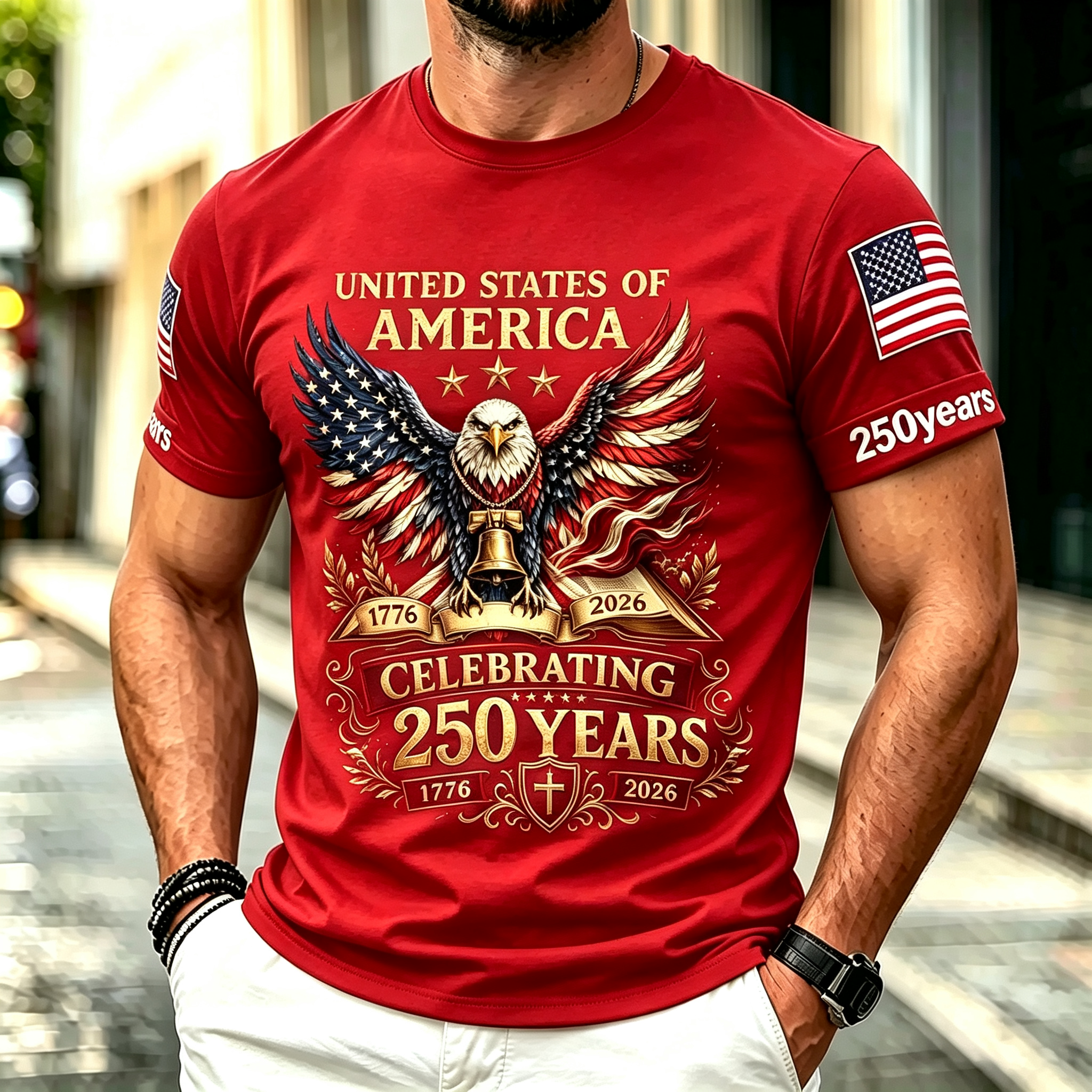 Retro Patriotic Eagle Wing American Flag Sleeve Print Men's Casual Short Sleeve Top