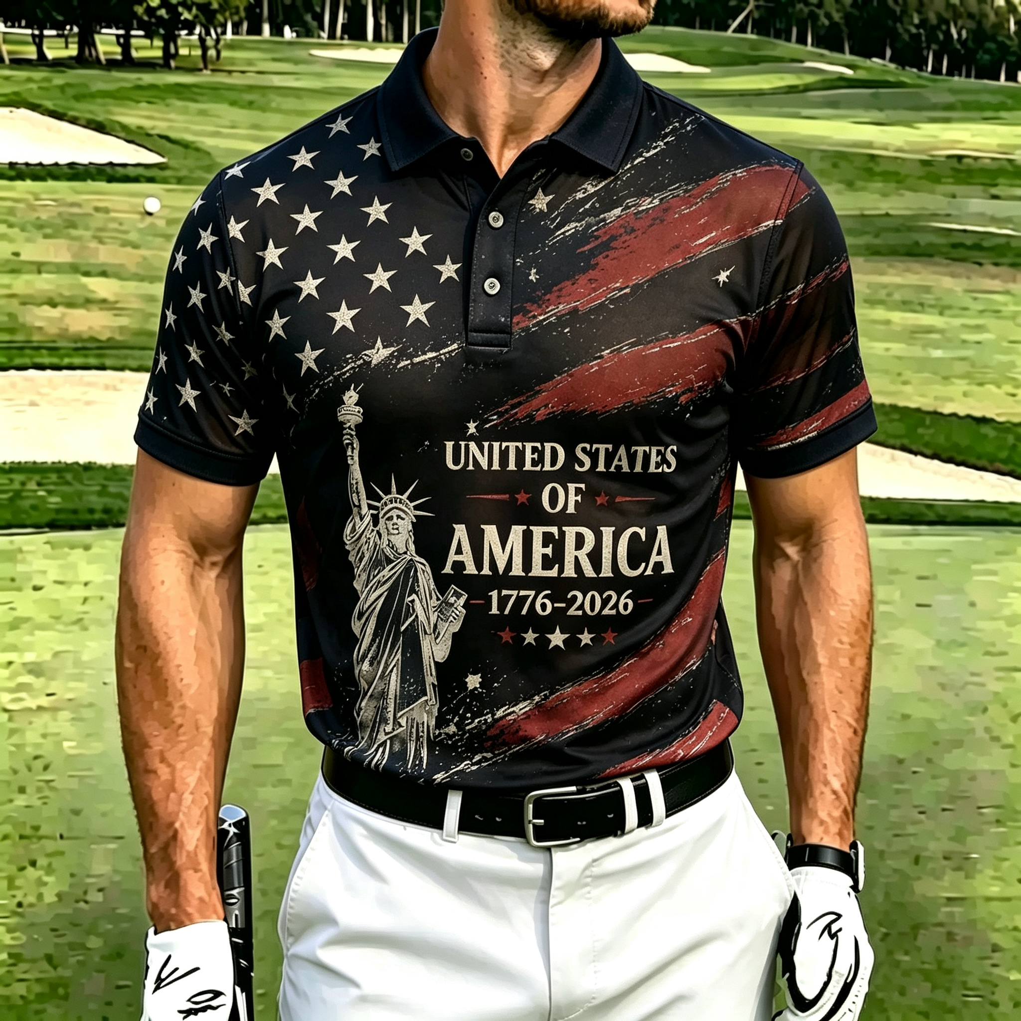 Retro Brushstroke American Flag Liberty Graphic Casual Performance Polo Top