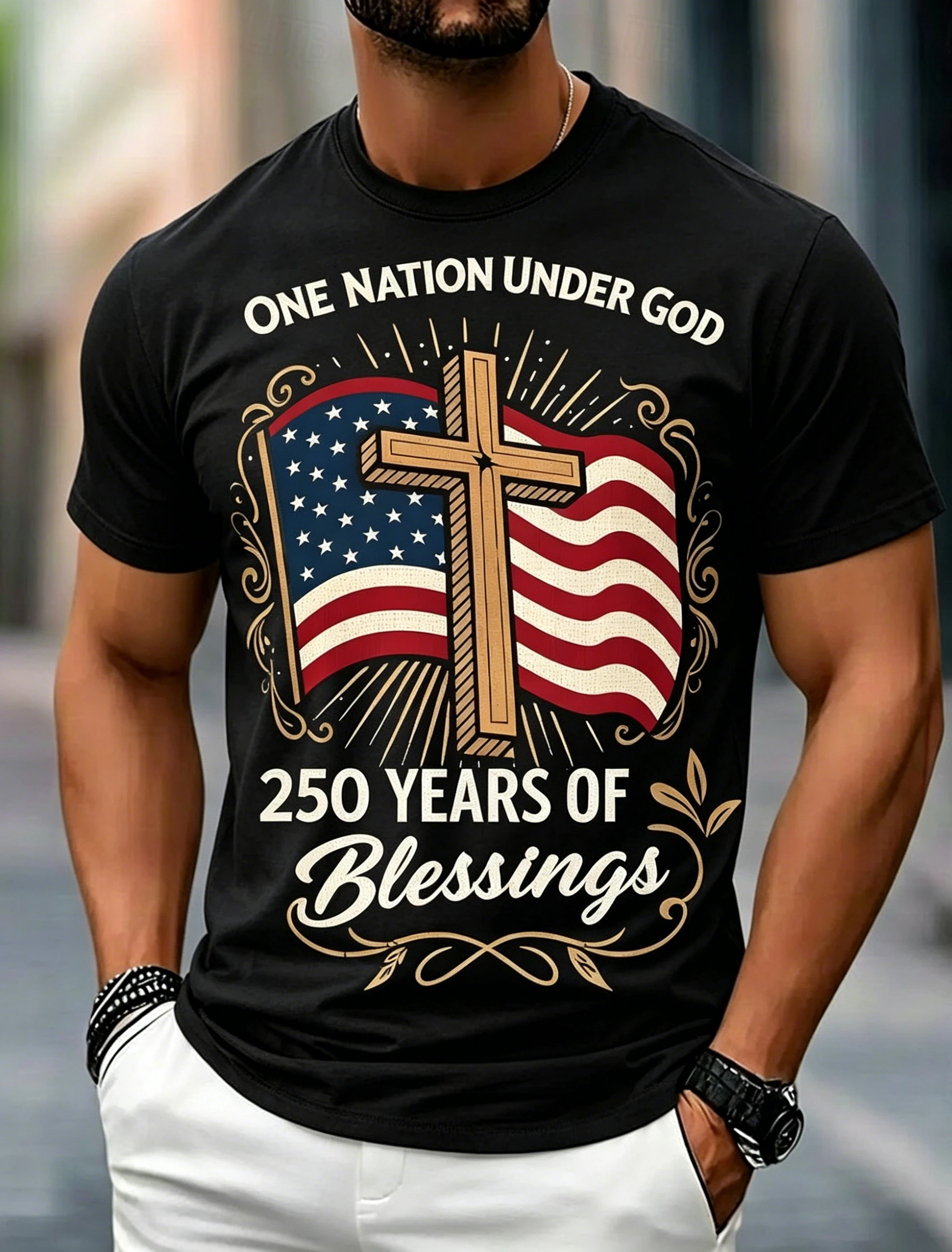 Men's One Nation Under God Cross & American Flag 250 Years of Blessings Patriotic Graphic Tee