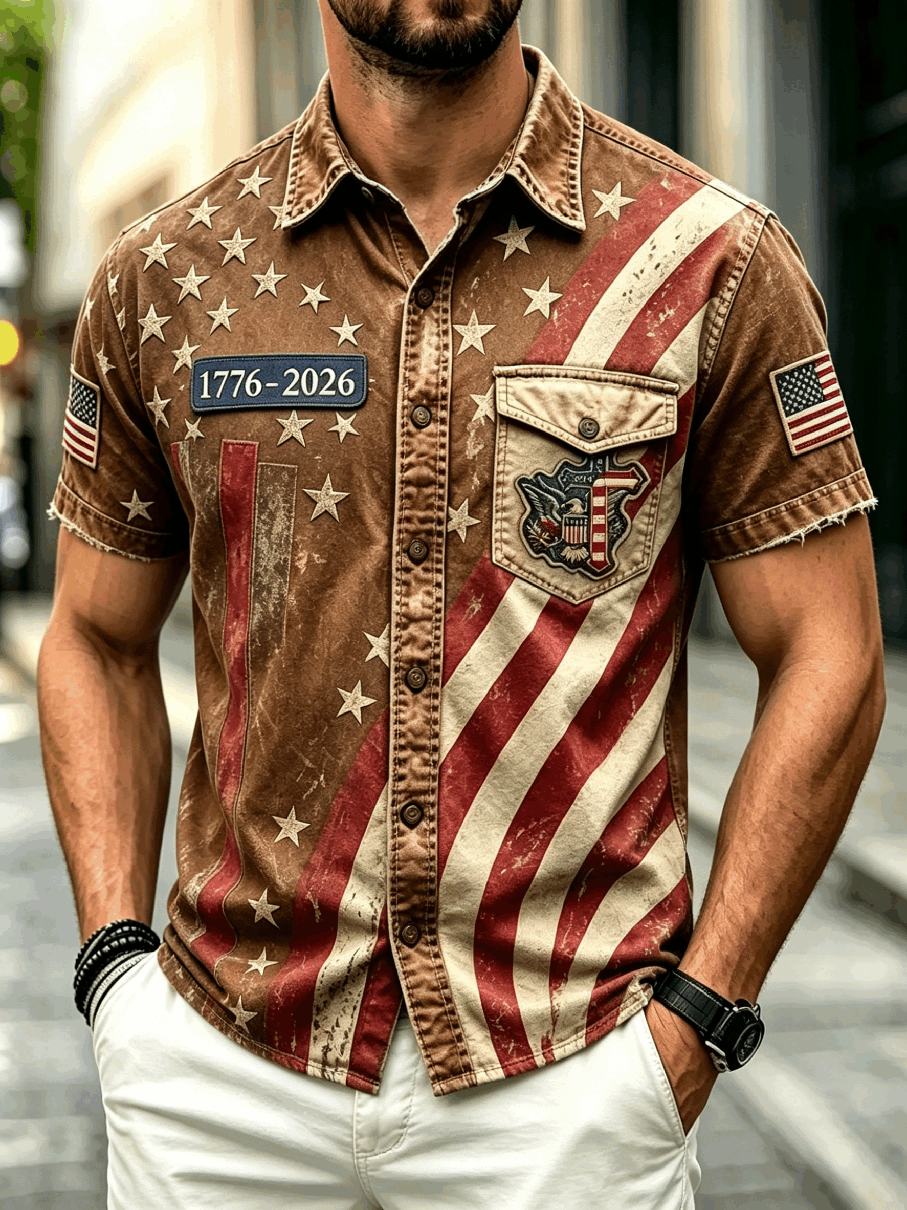 Men Vintage Washed Denim Star Stripe American Flag Patriotic Short Sleeve Shi