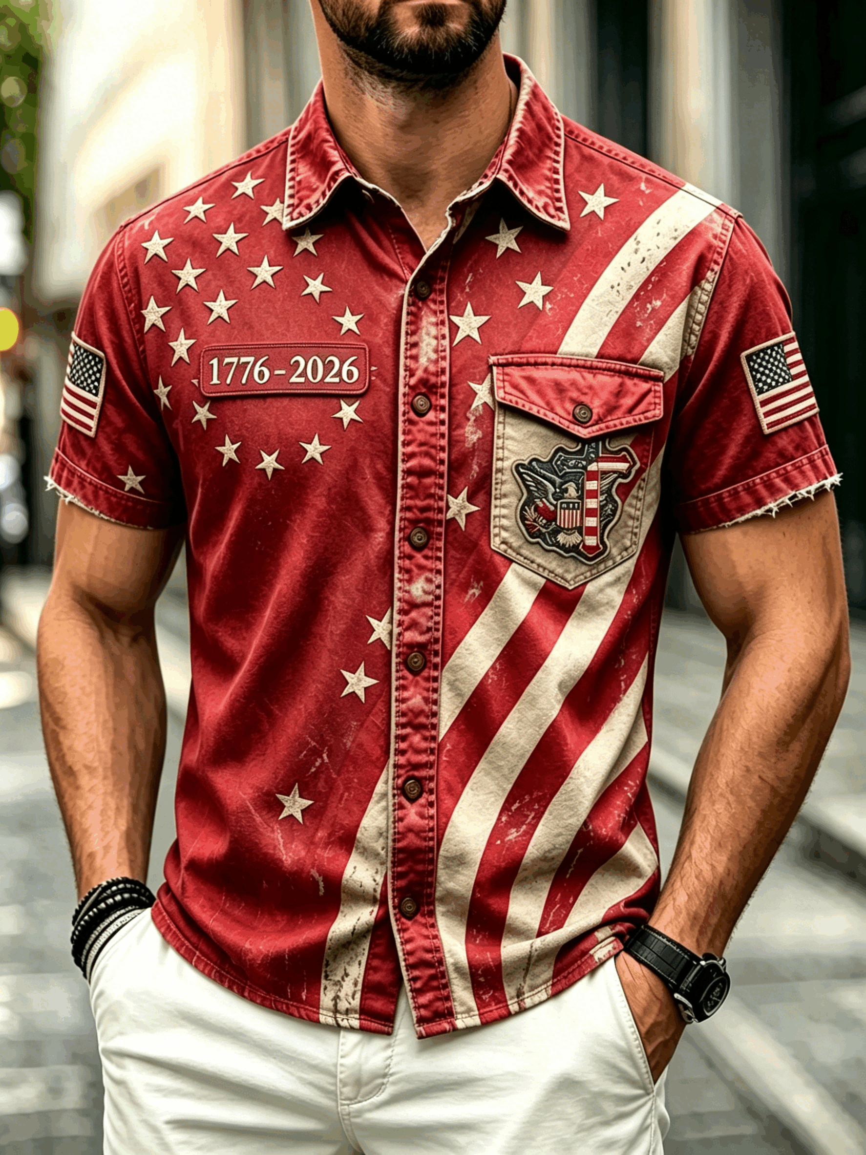 Men Vintage Washed Denim Star Stripe American Flag Patriotic Short Sleeve Shi