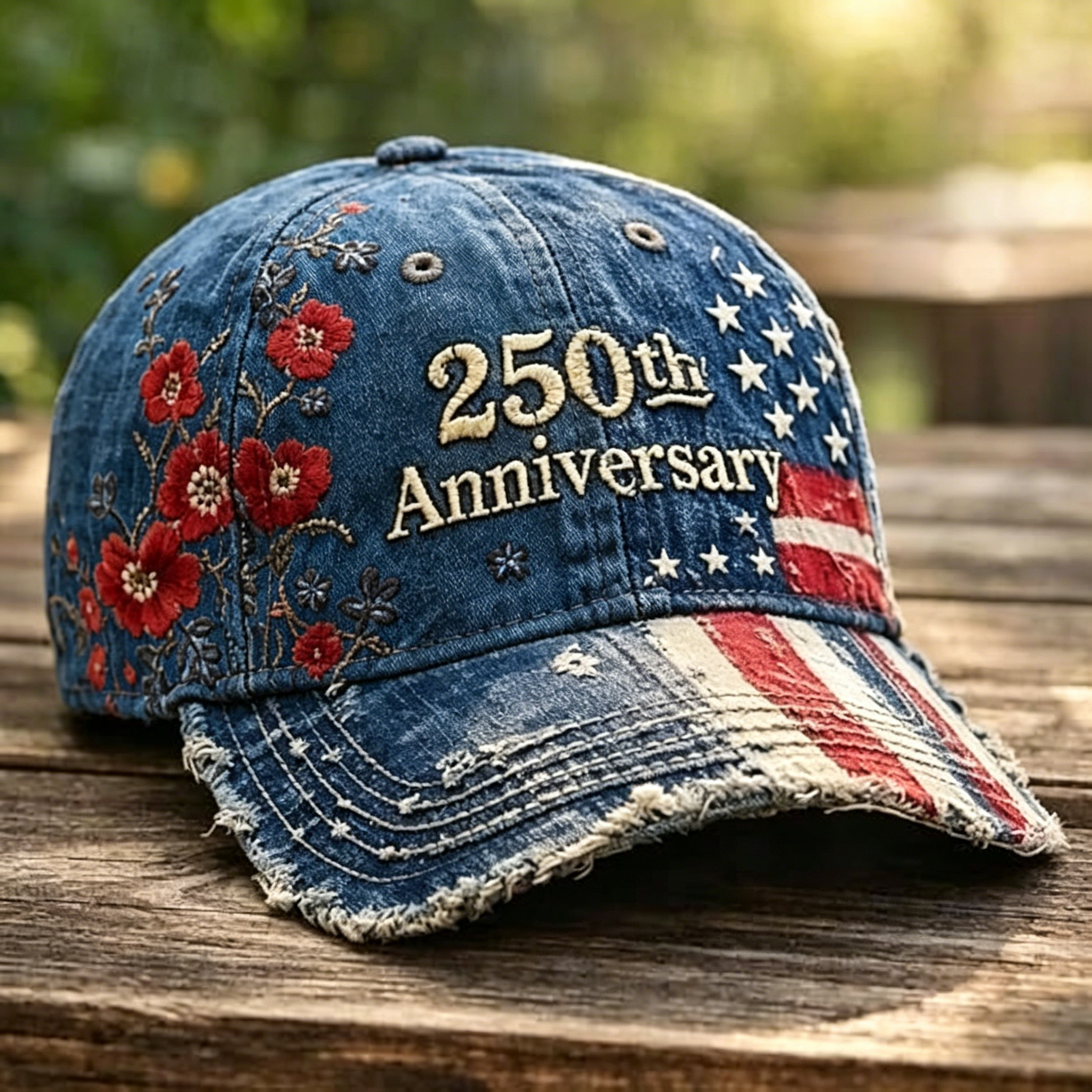 Vintage Floral & Flag Embroidered Baseball Cap, 250th Anniversary Casual Distressed Hat
