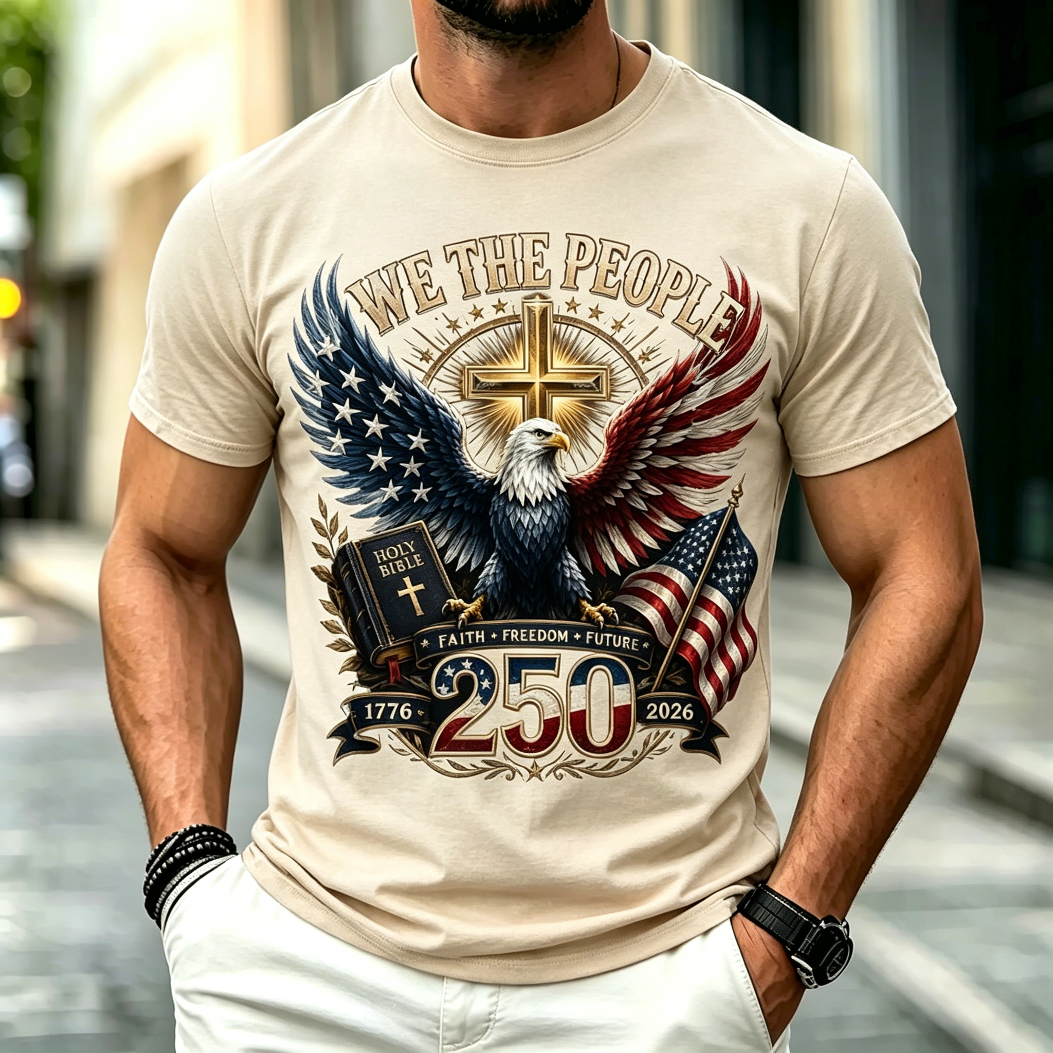 Men We The People Eagle Cross Holy Bible USA Flag 250 Years Short Sleeve T-Shirt