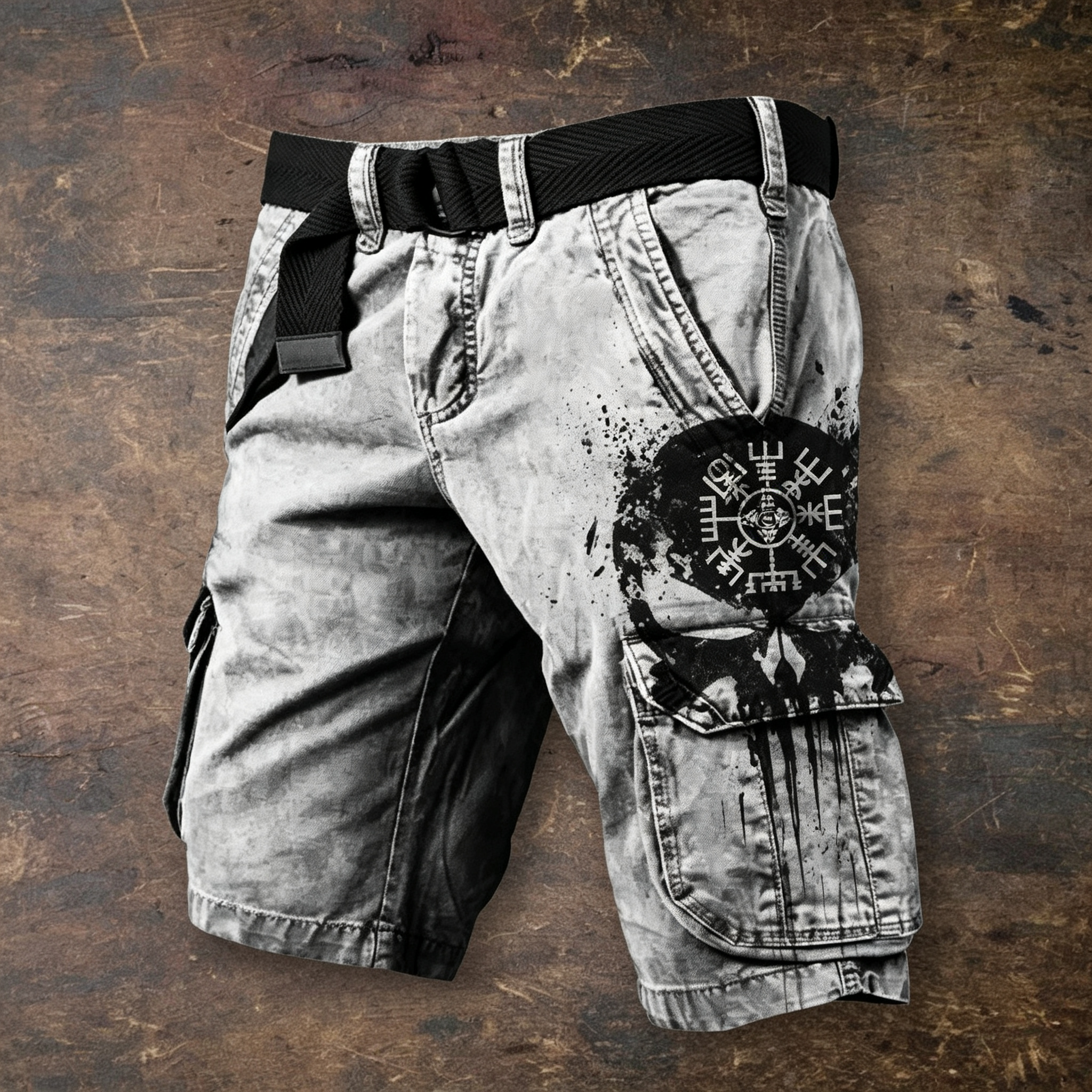 Men's Viking Compass Skull Print Multi-Pocket Cargo Shorts with Belt