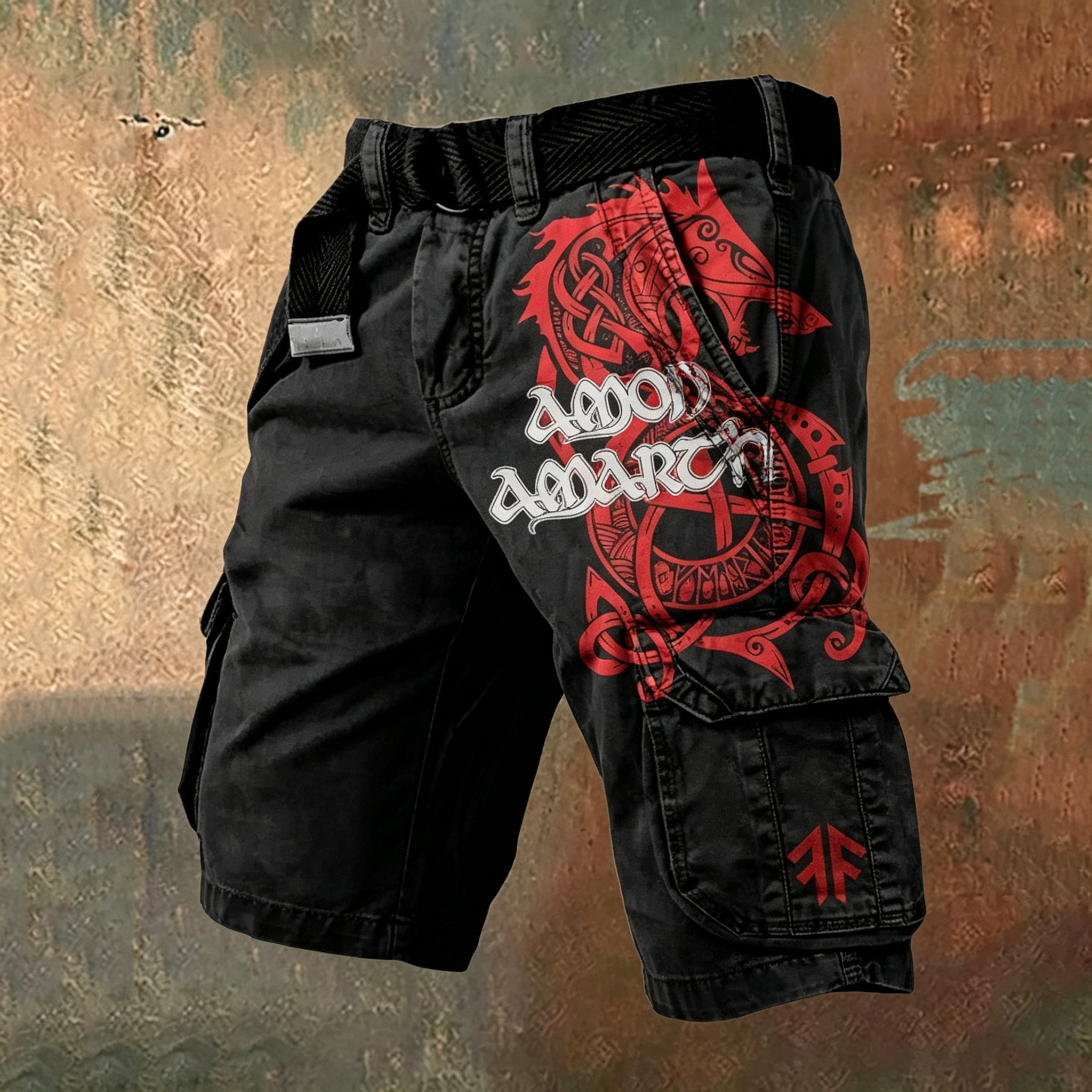 Men's Amon Amarth Viking Celtic Skull Belted Multi-Pocket Cargo Shorts