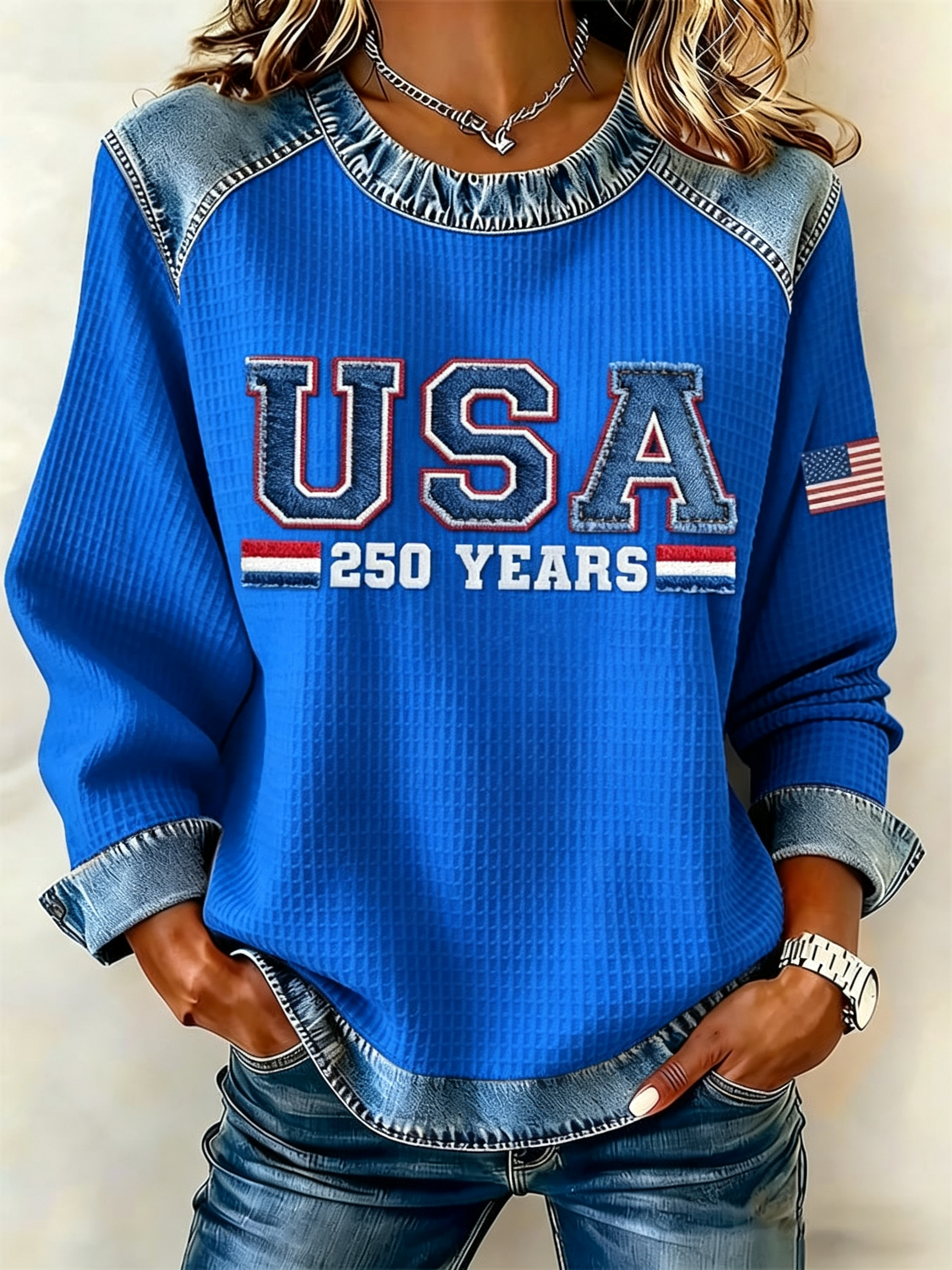 Women's USA 250 Years Denim Patch Waffle Knit Long Sleeve Sweatshirt
