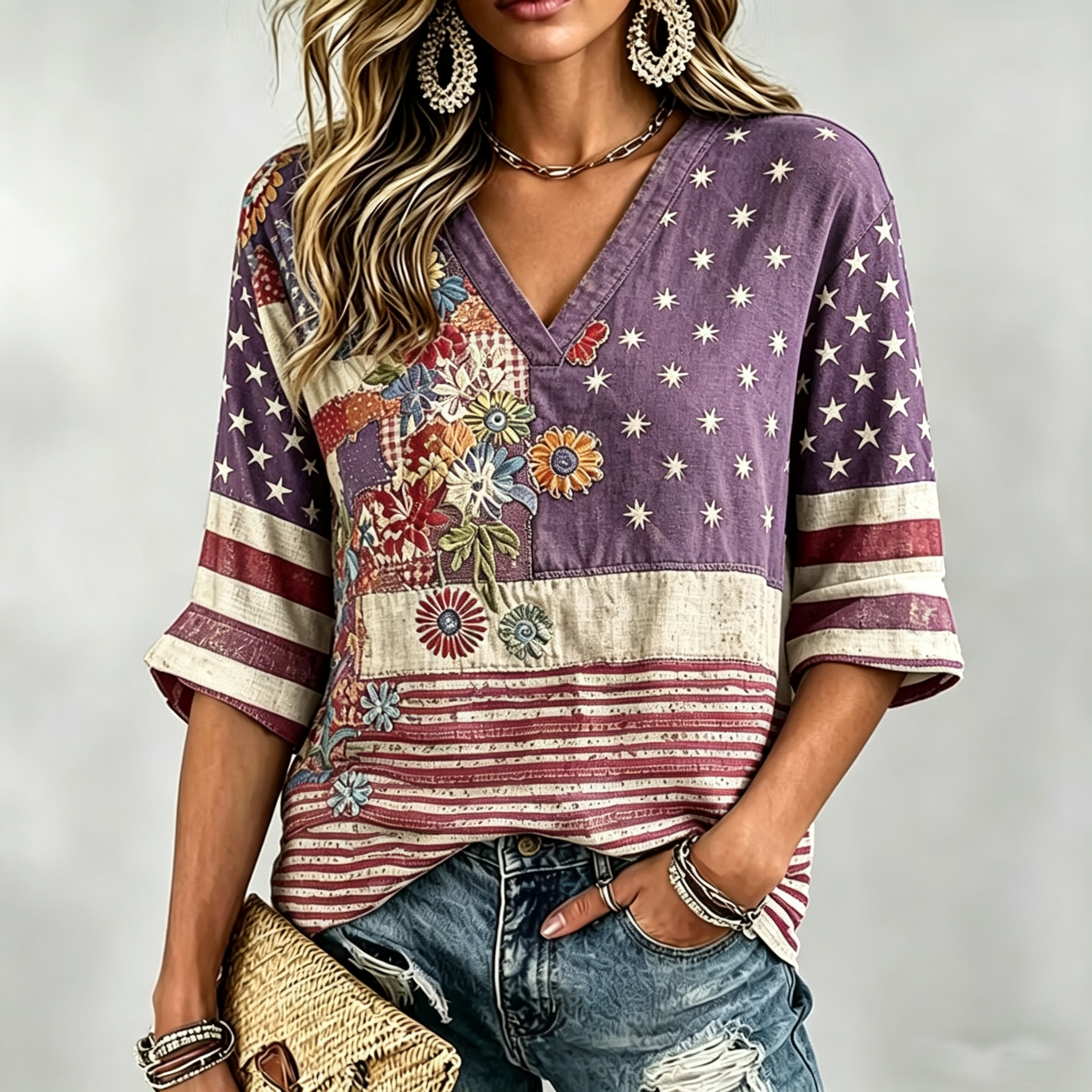 Women's Color Block Star Stripe Floral Patchwork V Neck 3/4 Sleeve Casual Top