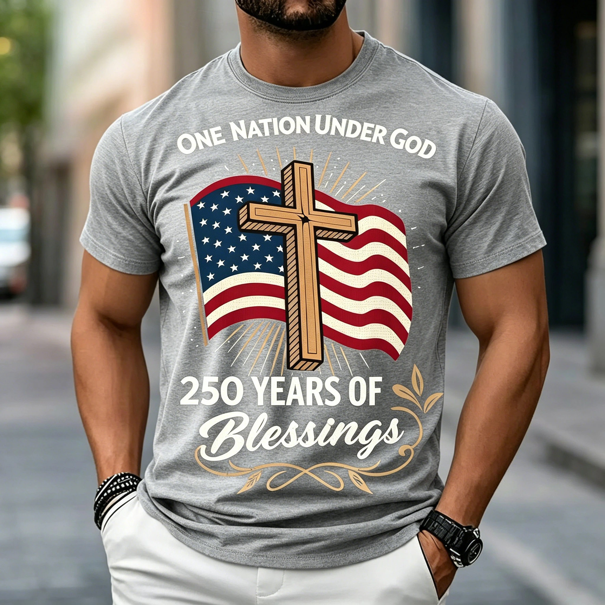 Men's One Nation Under God Cross & American Flag 250 Years of Blessings Patriotic Graphic Tee