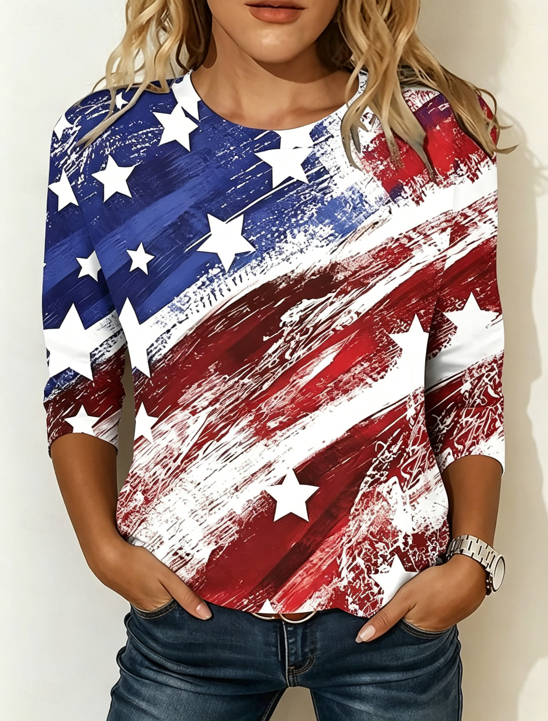 Patriotic Star Pattern Diagonal Stripe Print Women's 3/4 Sleeve Crew Neck T-Shirt For Everyday Wear