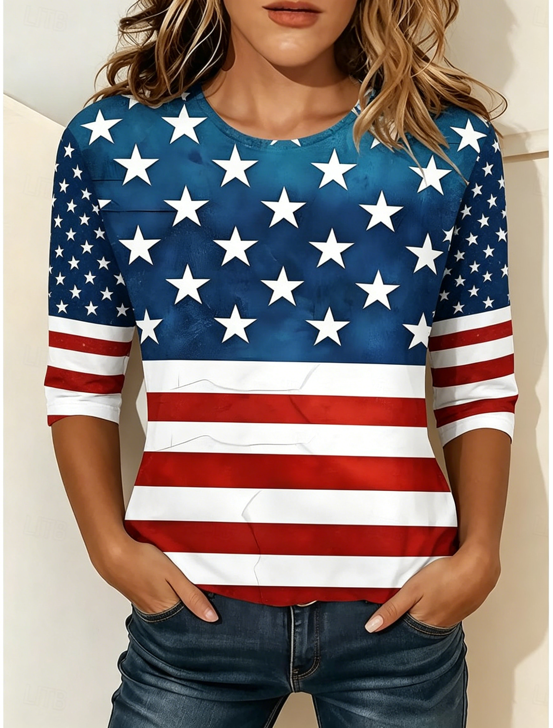 Patriotic Star Pattern Diagonal Stripe Print Women's 3/4 Sleeve Crew Neck T-Shirt For Everyday Wear