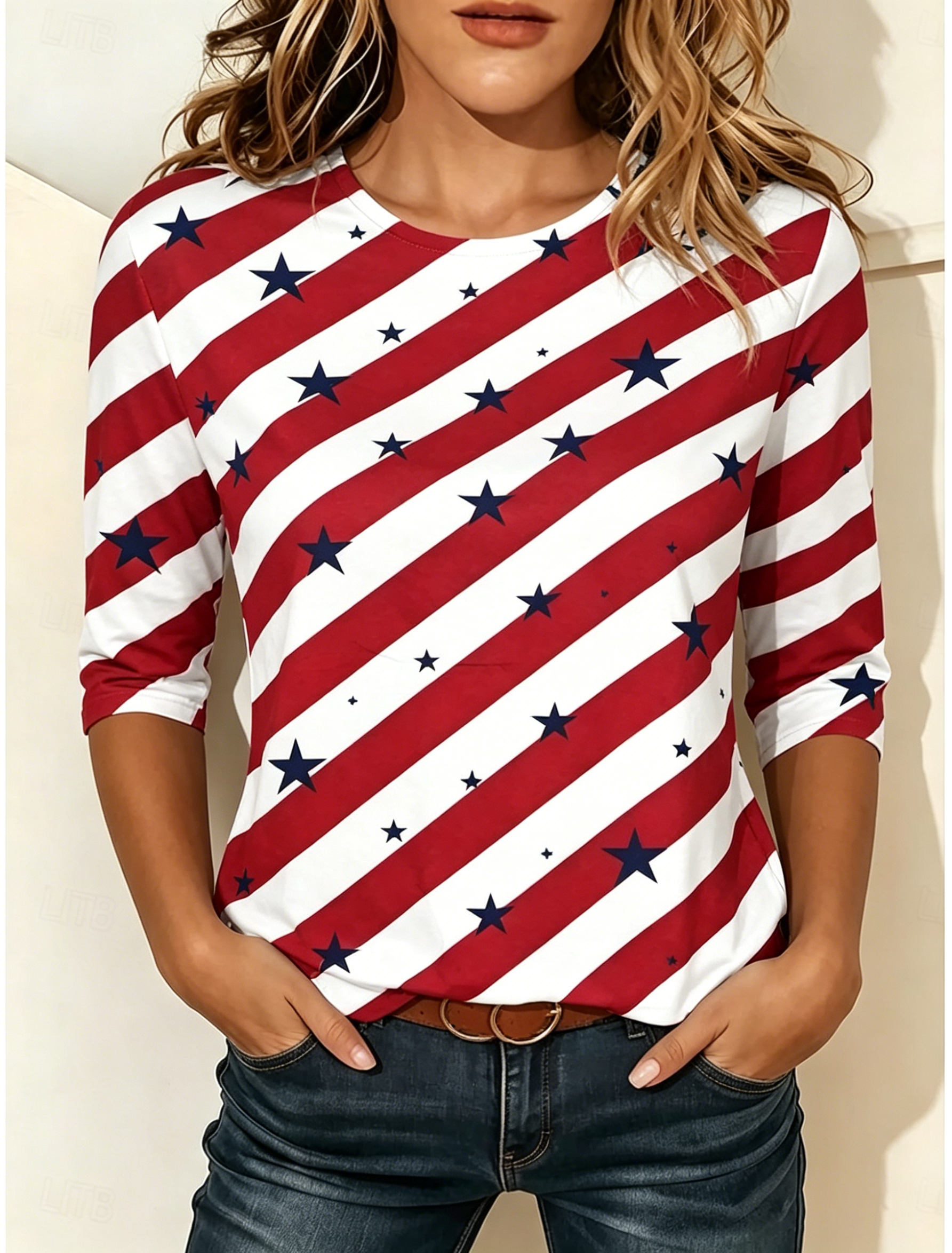 Patriotic Star Pattern Diagonal Stripe Print Women's 3/4 Sleeve Crew Neck T-Shirt For Everyday Wear