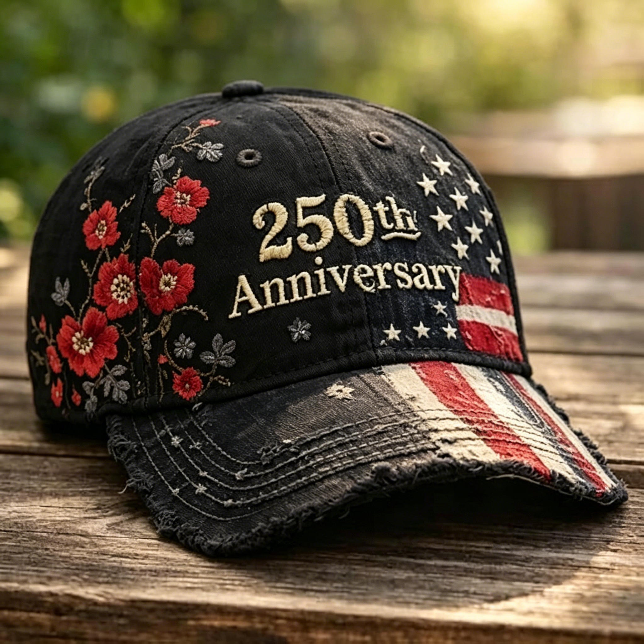 Vintage Floral & Flag Embroidered Baseball Cap, 250th Anniversary Casual Distressed Hat