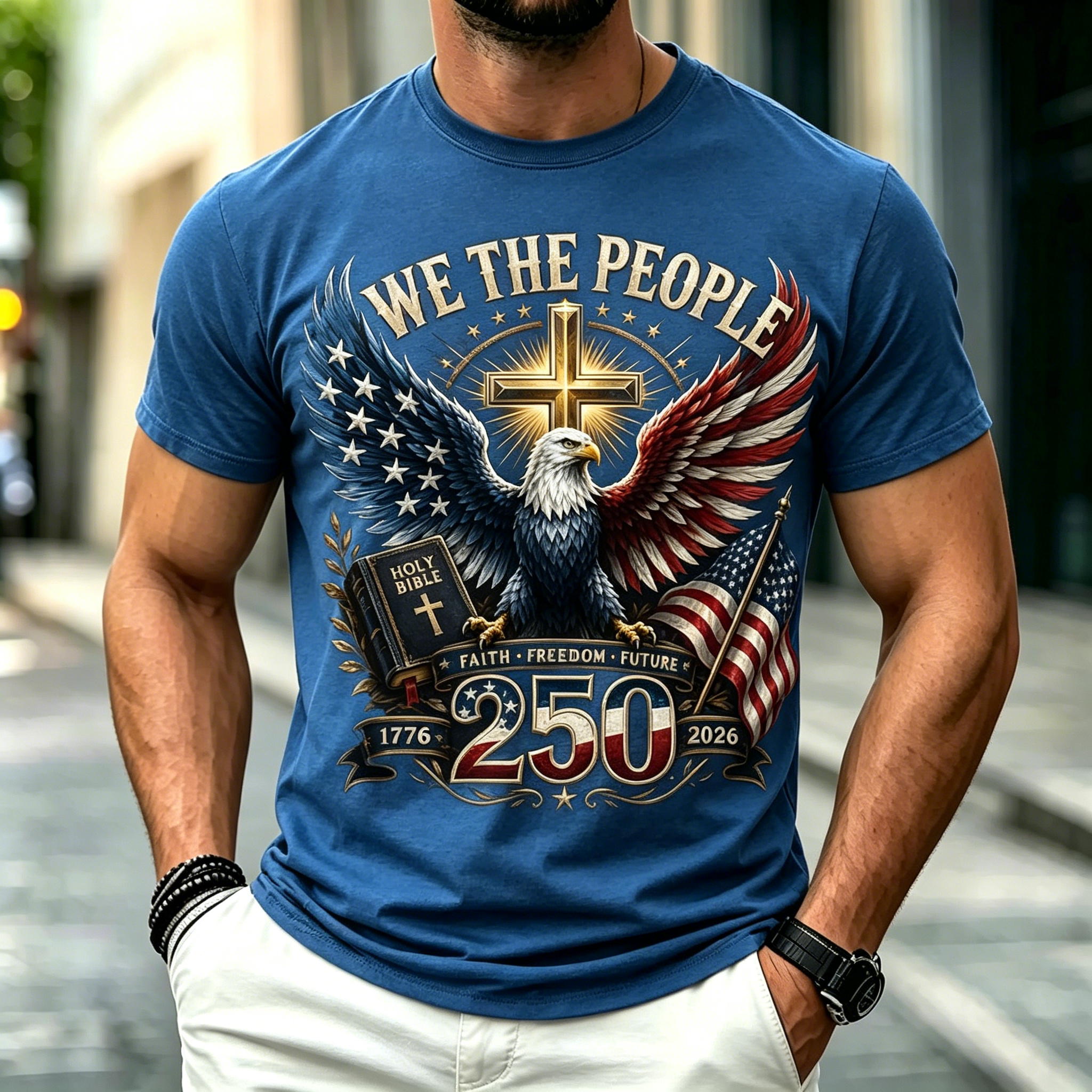 Men We The People Eagle Cross Holy Bible USA Flag 250 Years Short Sleeve T-Shirt
