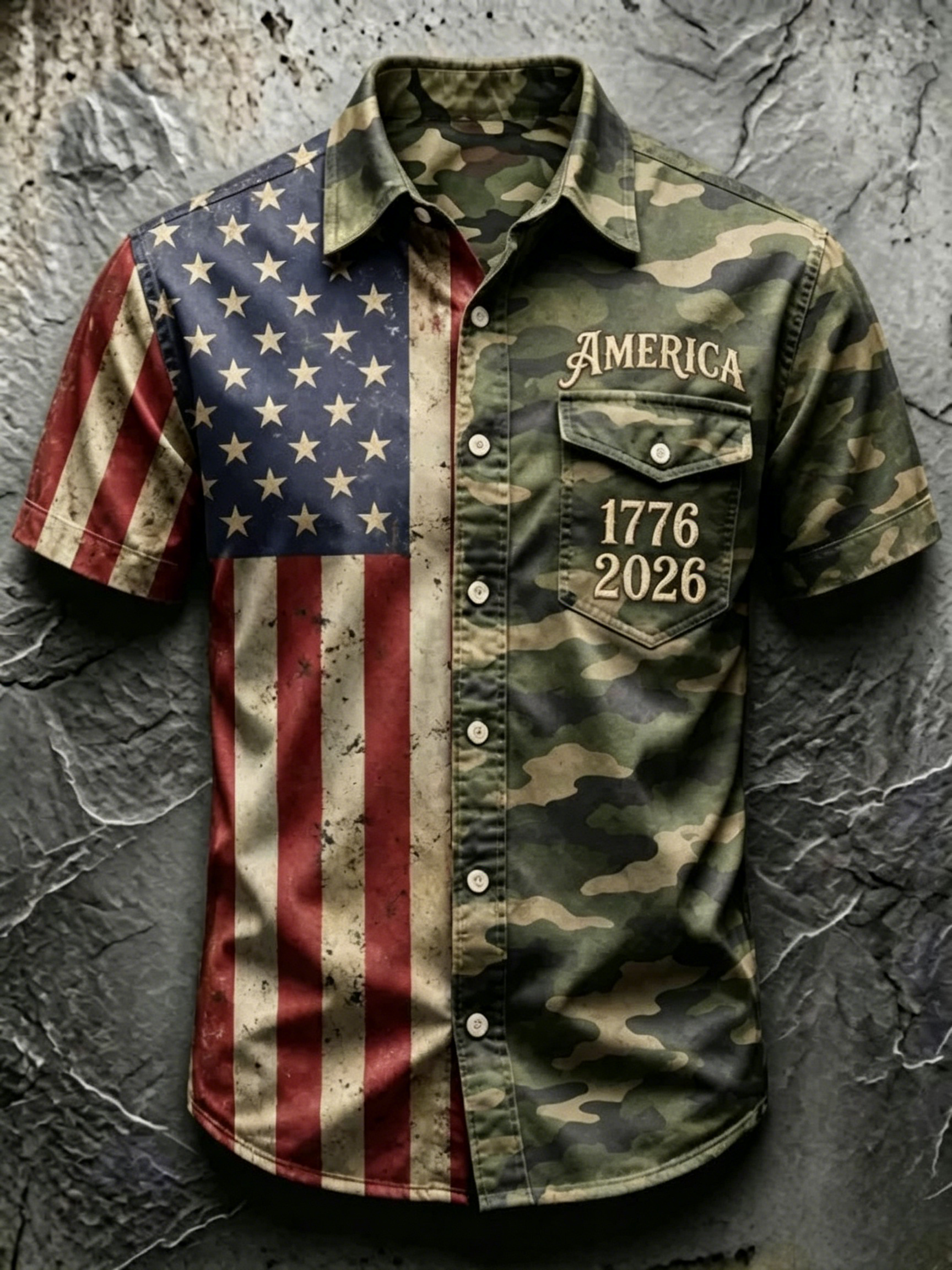 Vintage Outdoor Streetwear Men Short Sleeve Denim Shirt Patriotic Camo Two-Tone Star Stripe Flag Eagle We The People Frayed Lapel Pocket Button Up Top