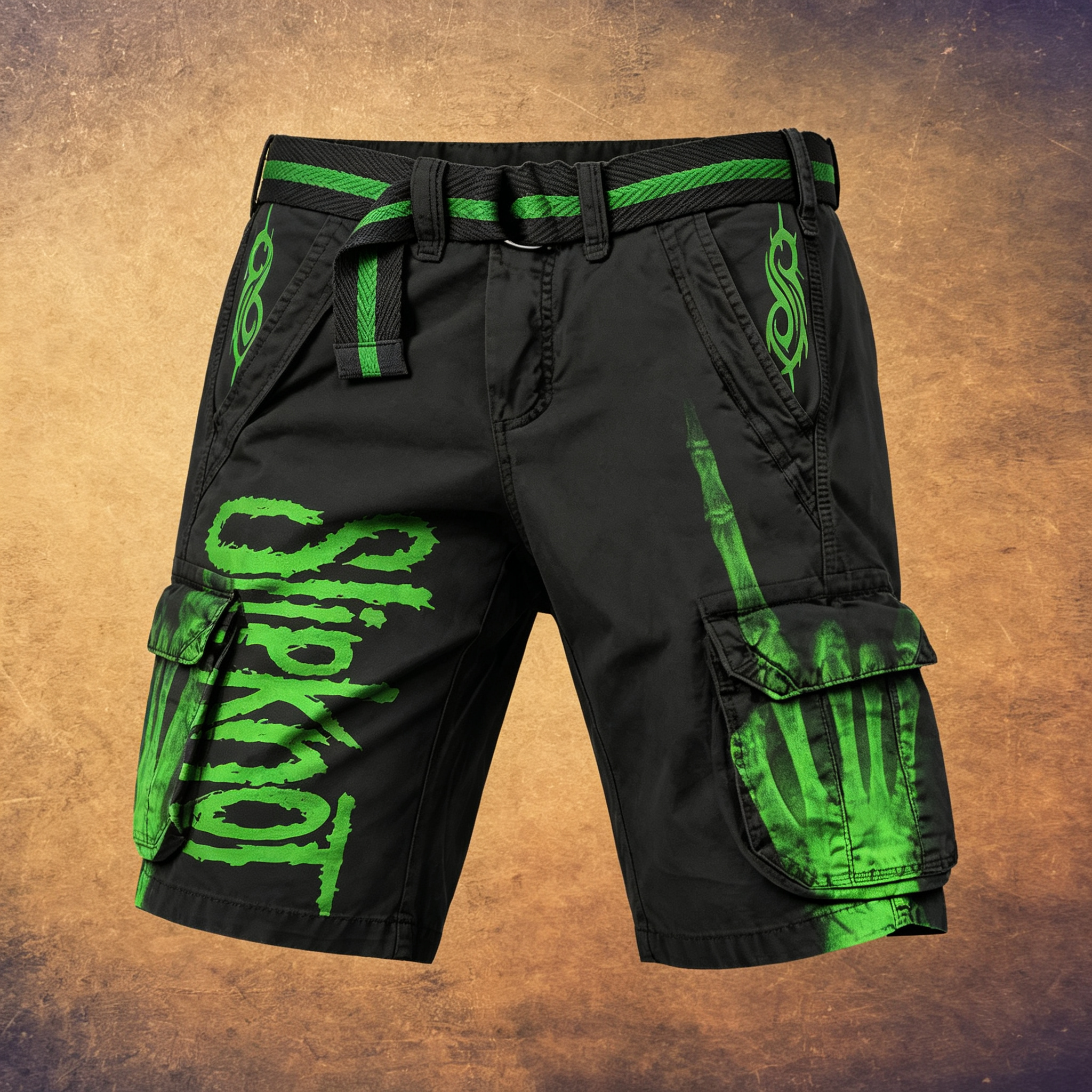 Men's Vintage Rock Band Graphic Multi-Pocket Cargo Shorts with Belt