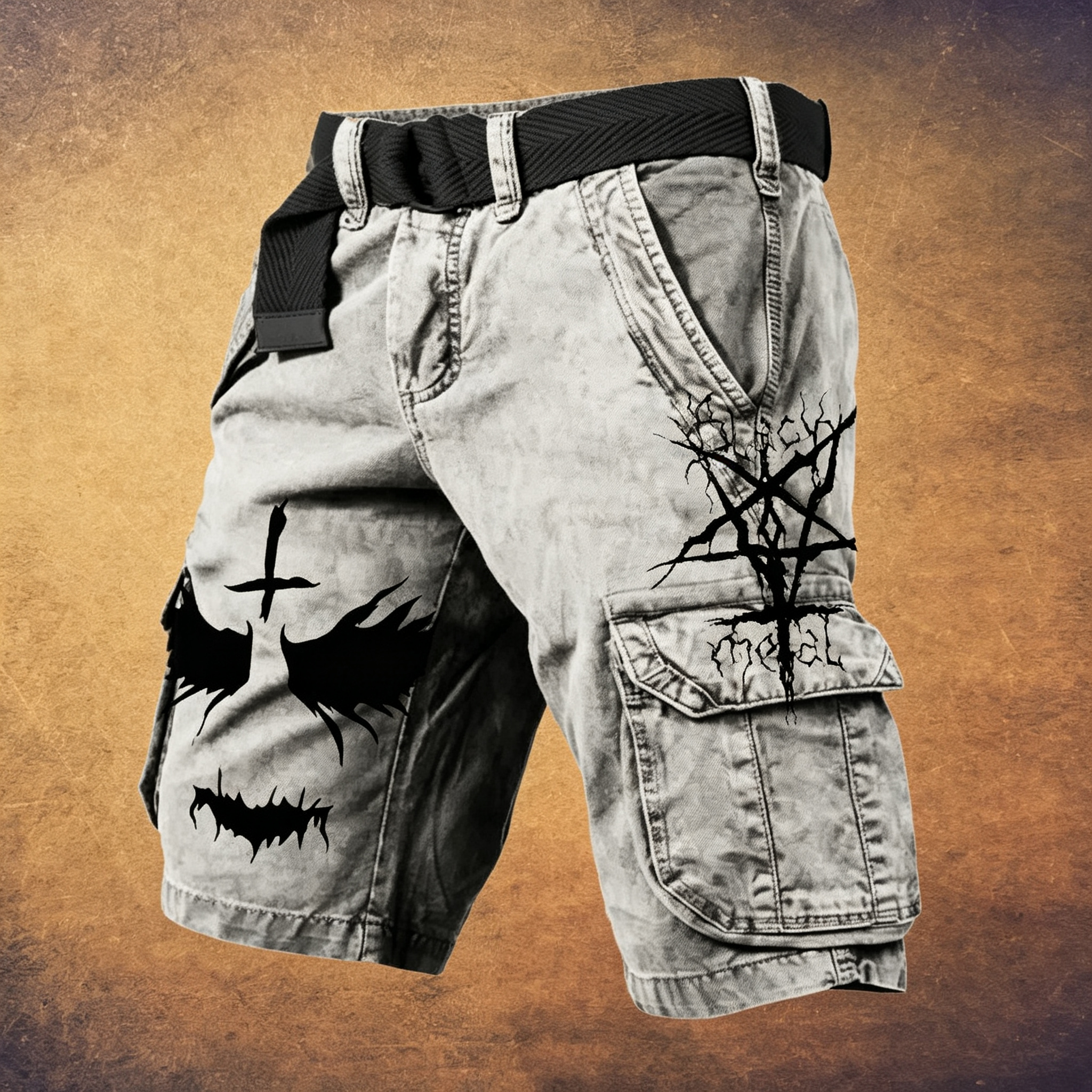 Gothic Heavy Metal Pentagram Distressed Streetwear Utility Shorts