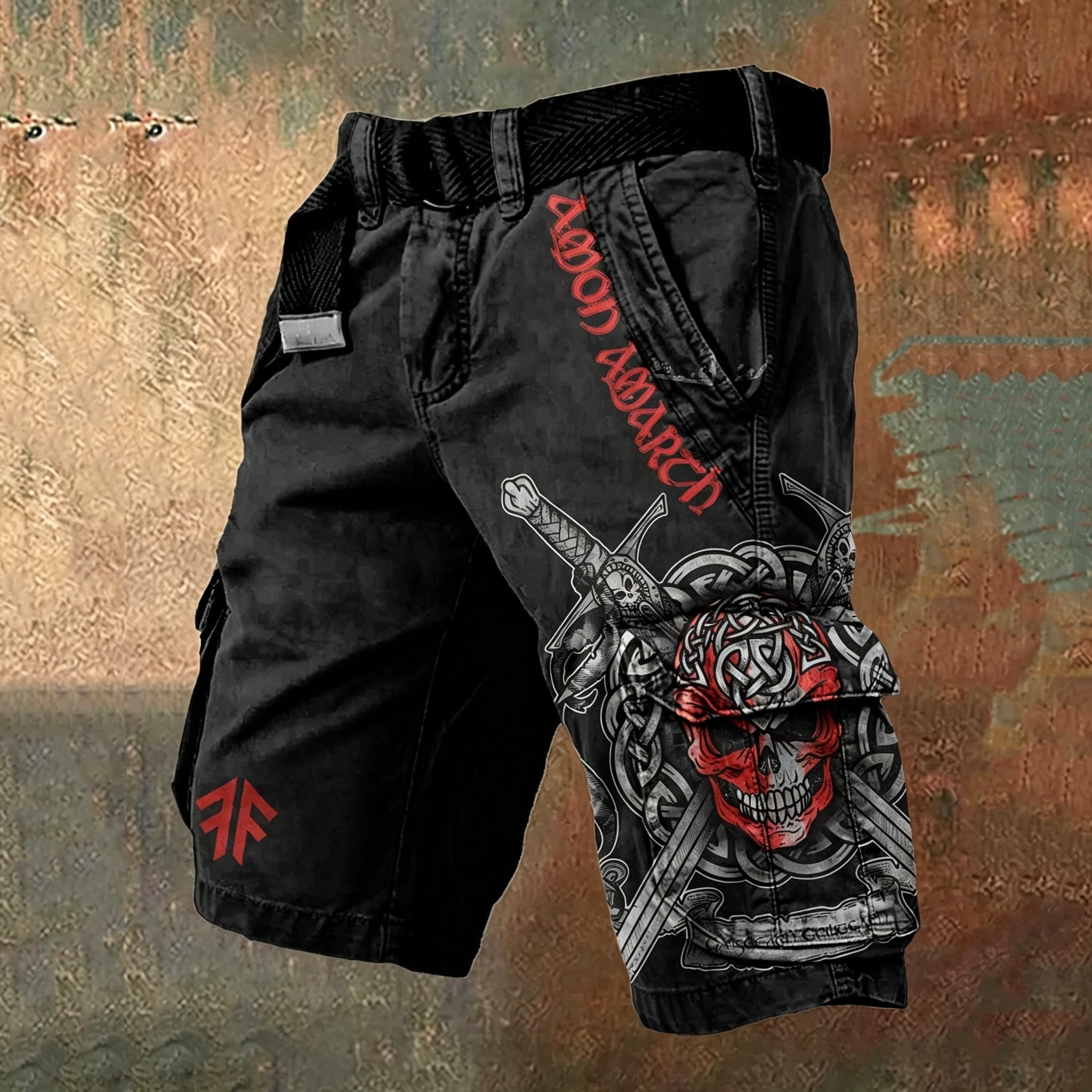 Men's Amon Amarth Viking Celtic Skull Belted Multi-Pocket Cargo Shorts