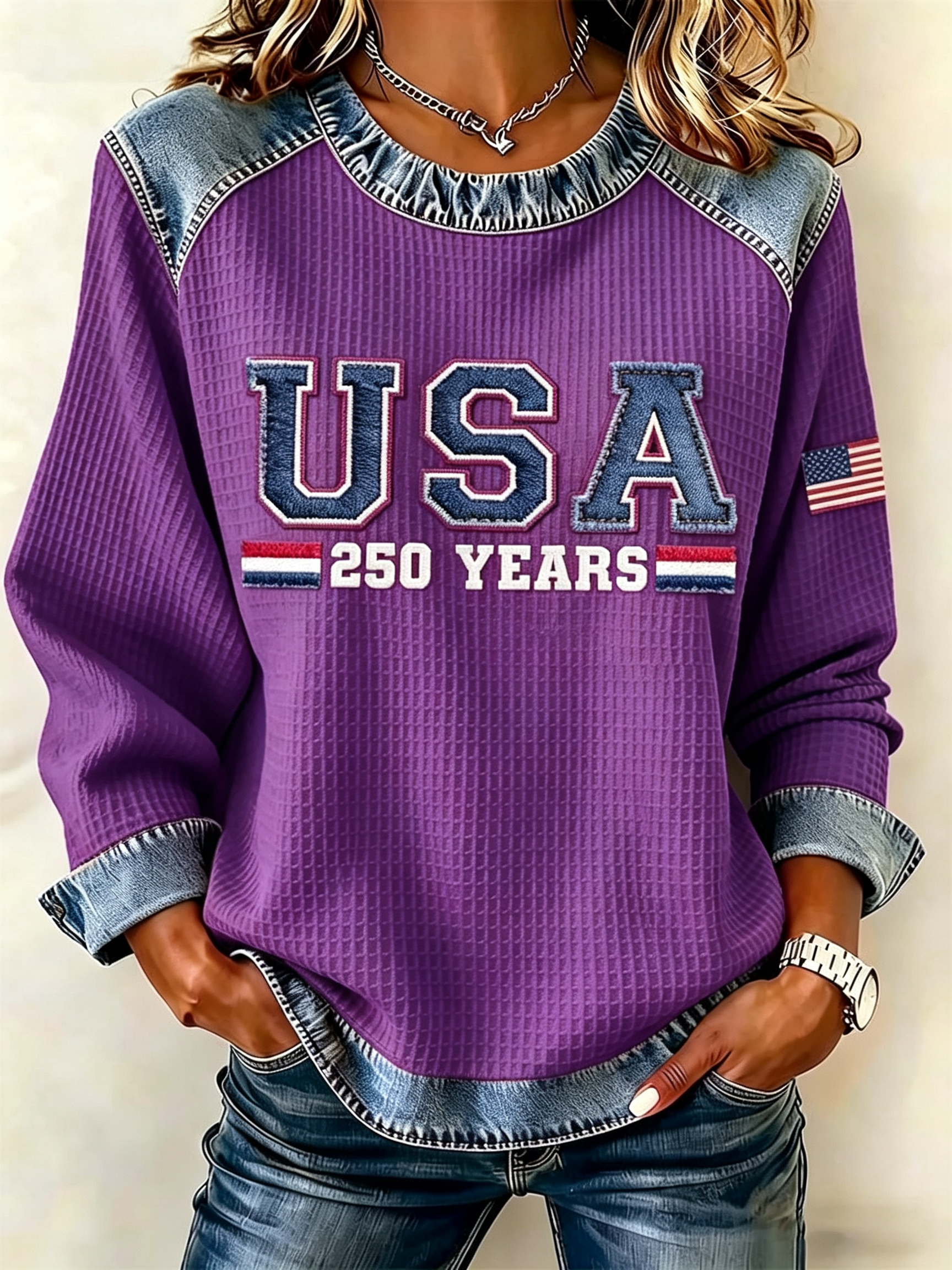 Women's USA 250 Years Denim Patch Waffle Knit Long Sleeve Sweatshirt