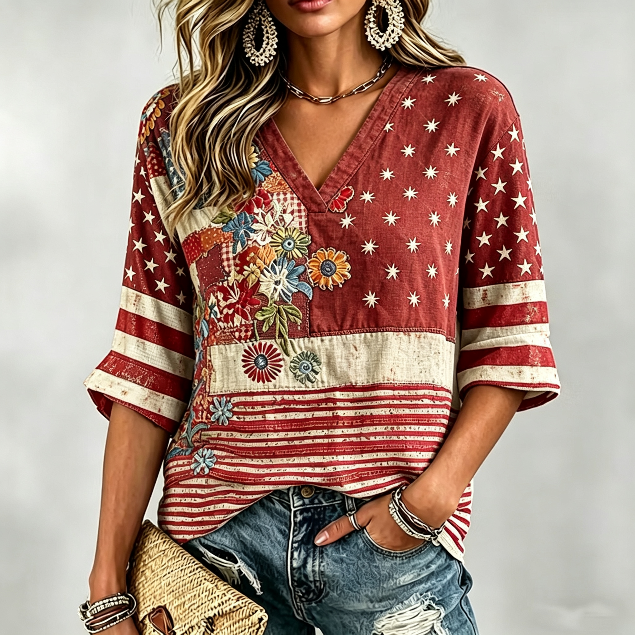 Women's Color Block Star Stripe Floral Patchwork V Neck 3/4 Sleeve Casual Top