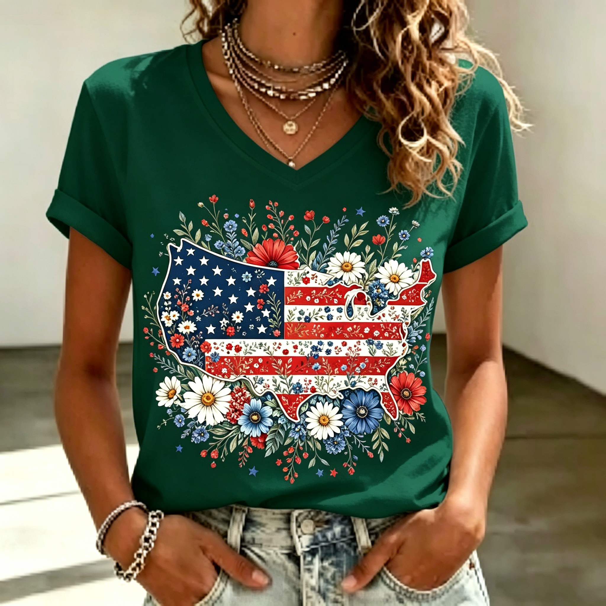 American Flag Floral Map Women’s T-Shirt, Cute Patriotic Graphic Tee for Summer & Holiday