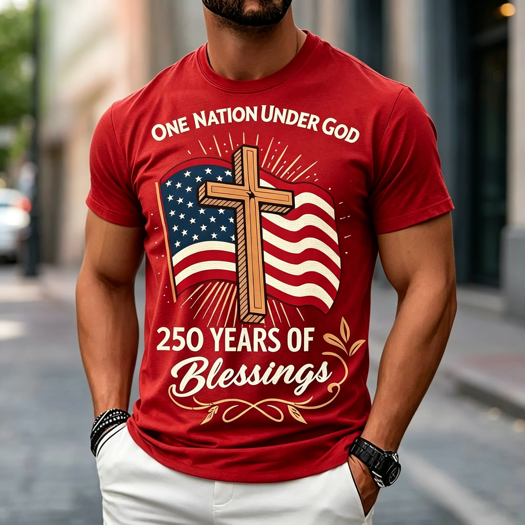 Men's One Nation Under God Cross & American Flag 250 Years of Blessings Patriotic Graphic Tee