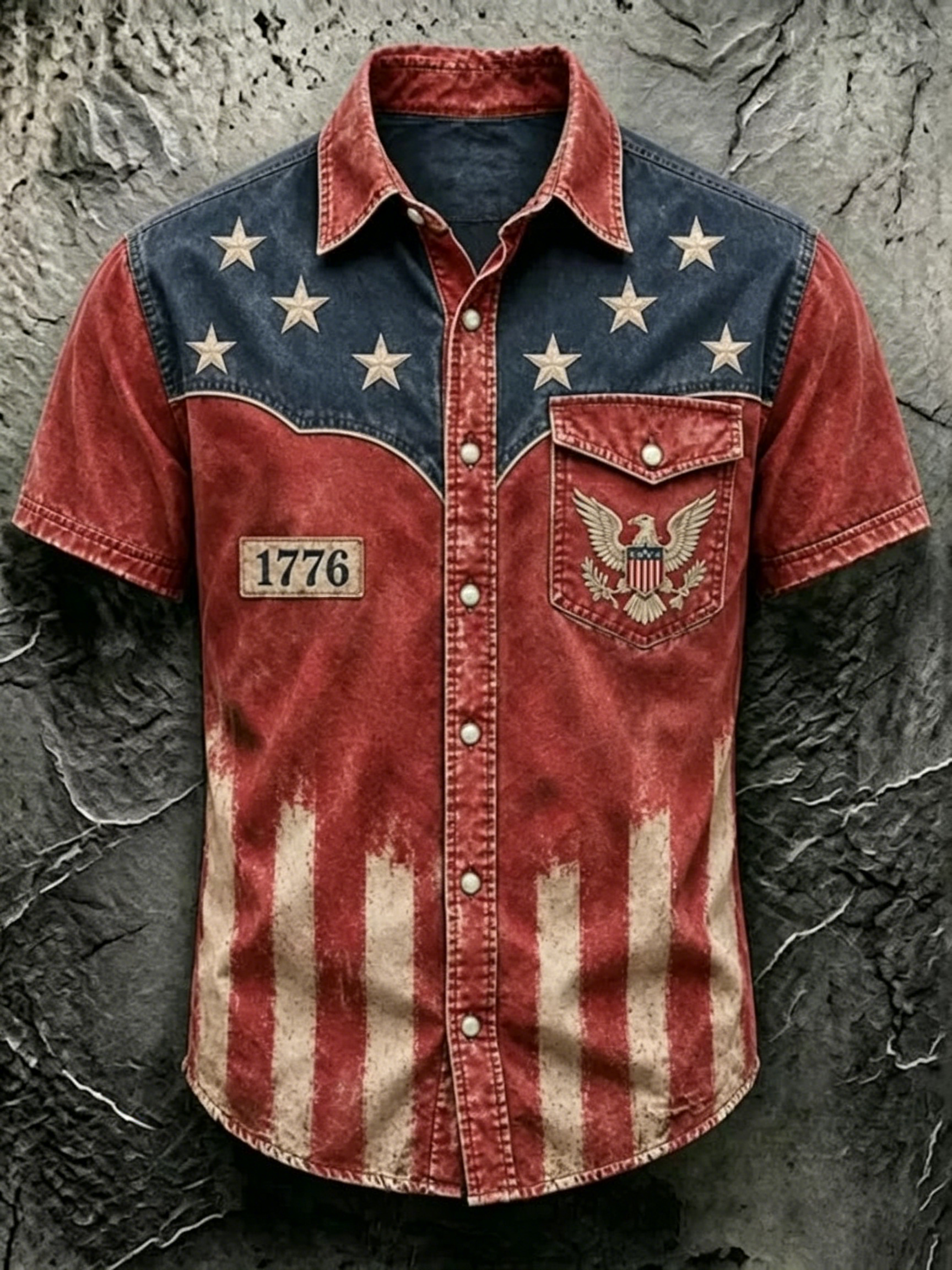 Vintage Outdoor Streetwear Men Short Sleeve Denim Shirt Patriotic Camo Two-Tone Star Stripe Flag Eagle We The People Frayed Lapel Pocket Button Up Top